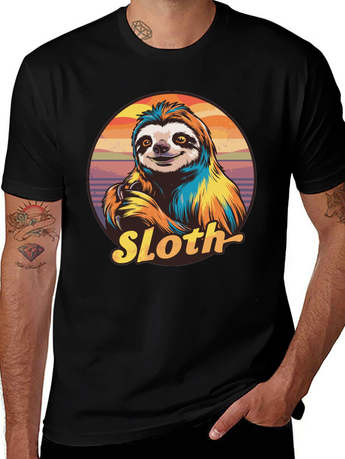 Retro Sloth Graphic T-Shirt - Black