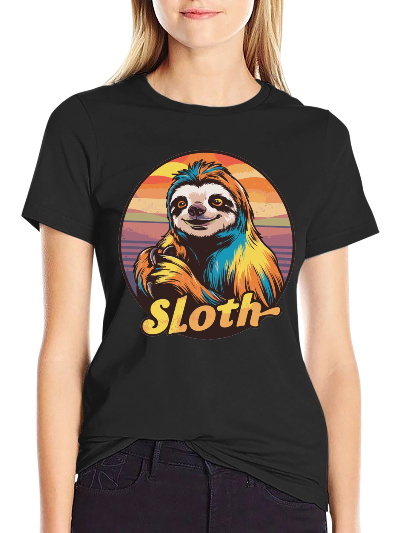 Retro Sloth Graphic T-Shirt - Black