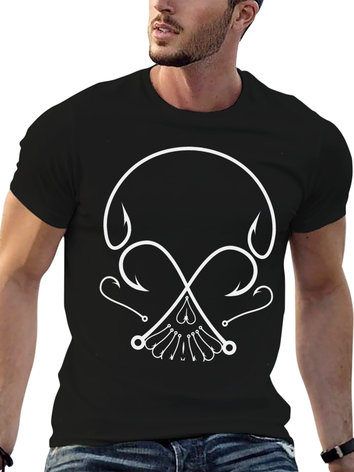 Fishing Hook Skull Graphic Tee - Black