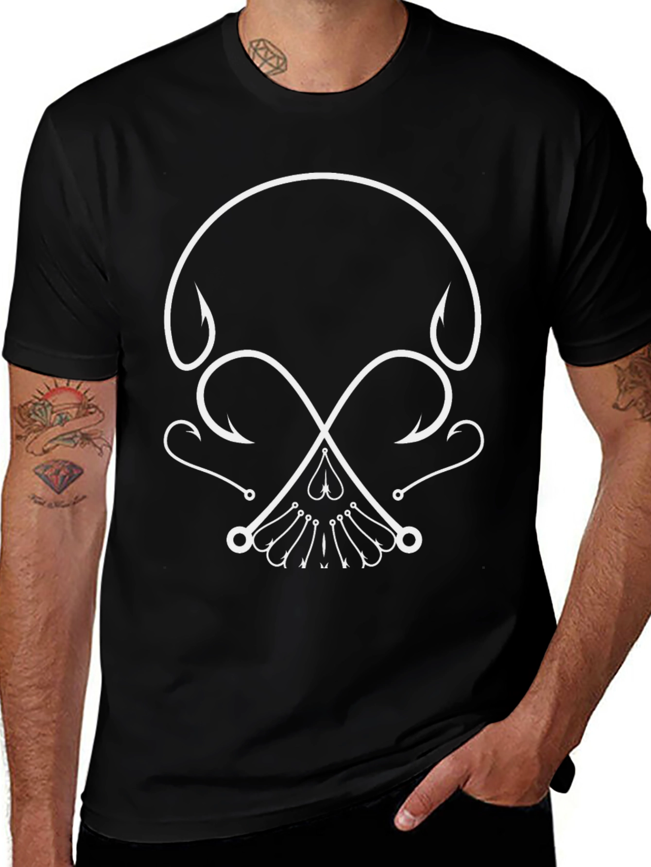 Fishing Hook Skull Graphic Tee - Black