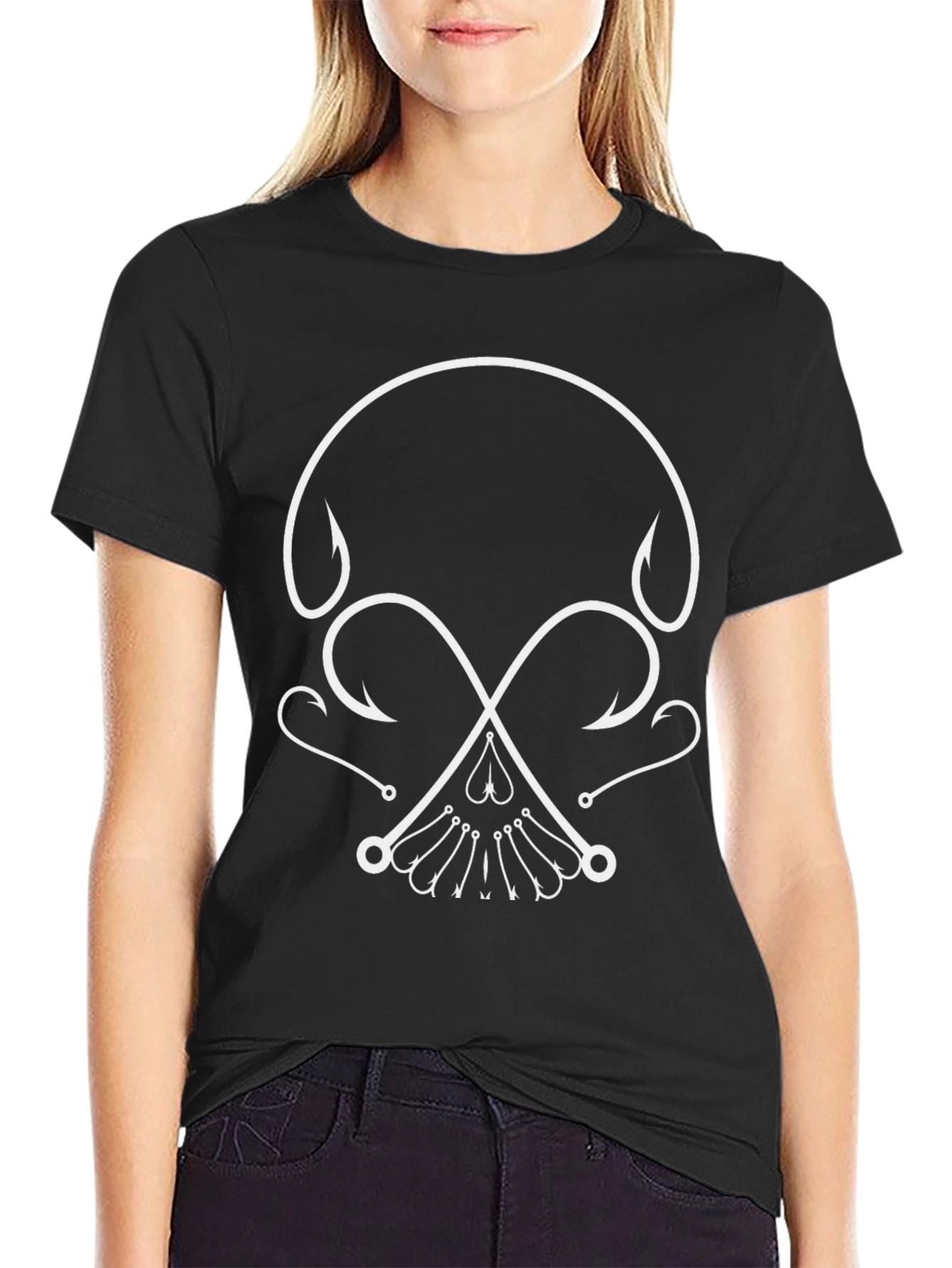 Fishing Hook Skull Graphic Tee - Black
