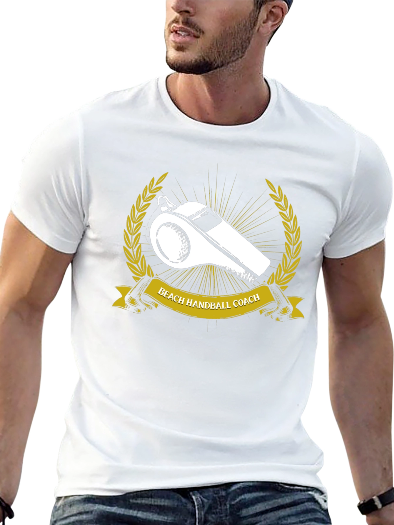 Beach Handball Coach T-Shirt: Whistle & Laurel Design