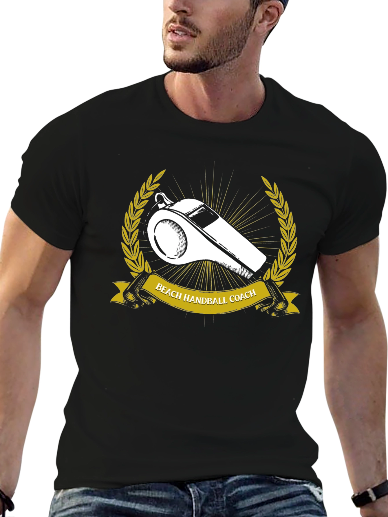 Beach Handball Coach T-Shirt: Whistle & Laurel Design