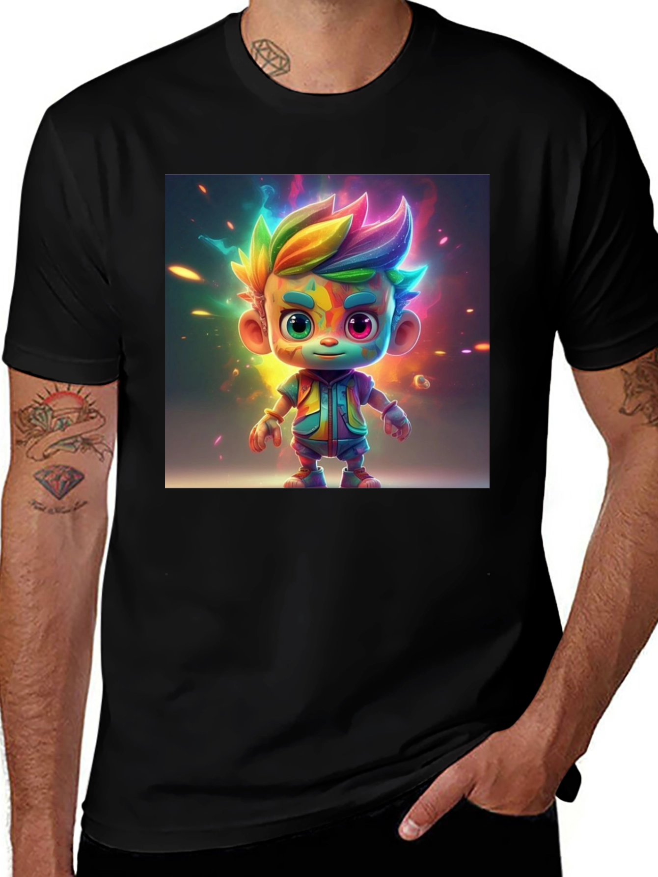 Rainbow Cartoon Character Graphic Tee - Black