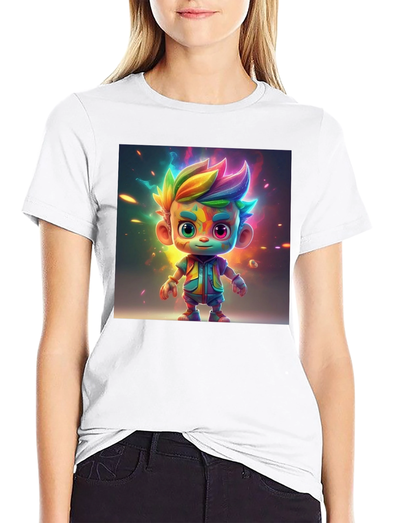 Rainbow Cartoon Character Graphic Tee - Black