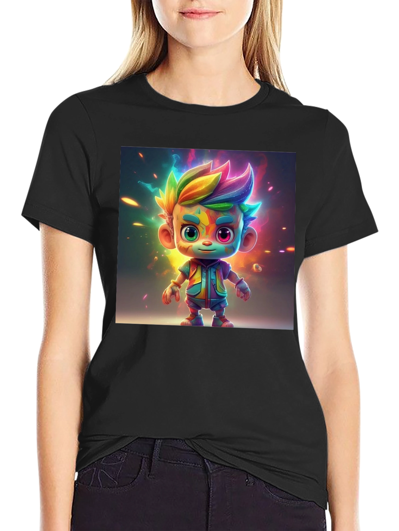 Rainbow Cartoon Character Graphic Tee - Black
