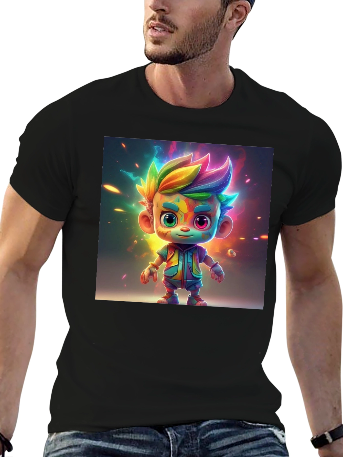Rainbow Cartoon Character Graphic Tee - Black