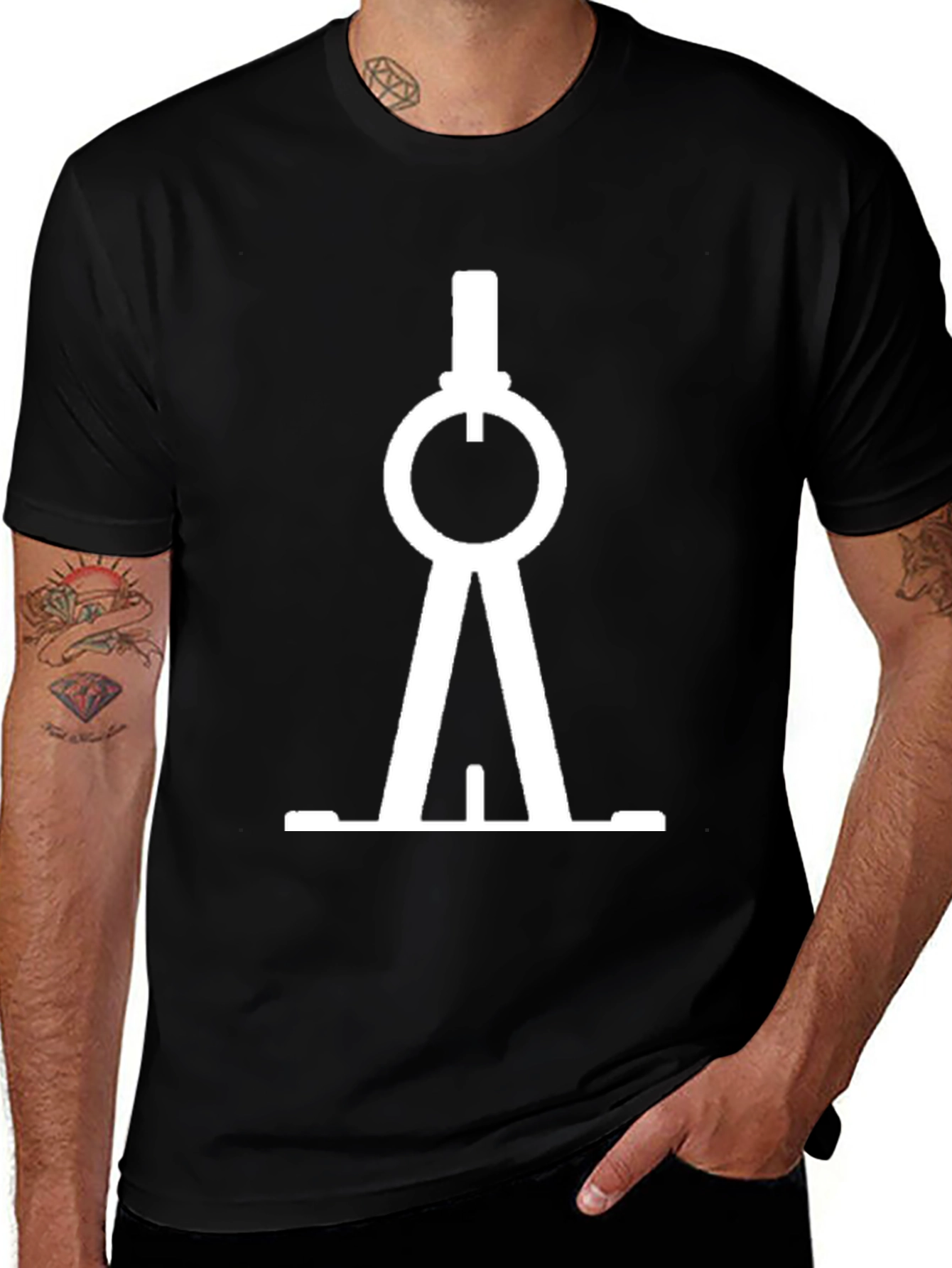 Modern White Compass Graphic Print Black T-Shirt
