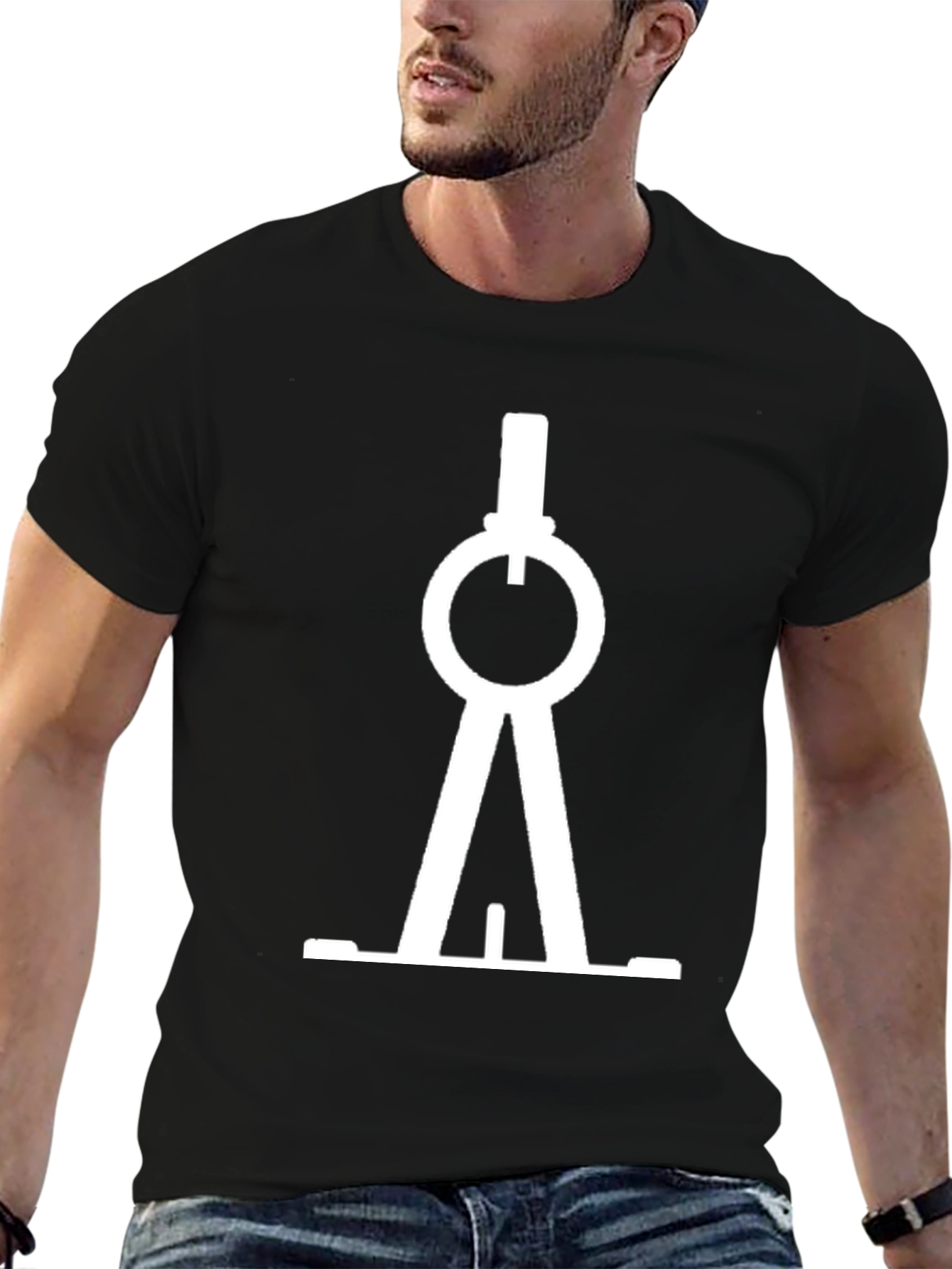 Modern White Compass Graphic Print Black T-Shirt