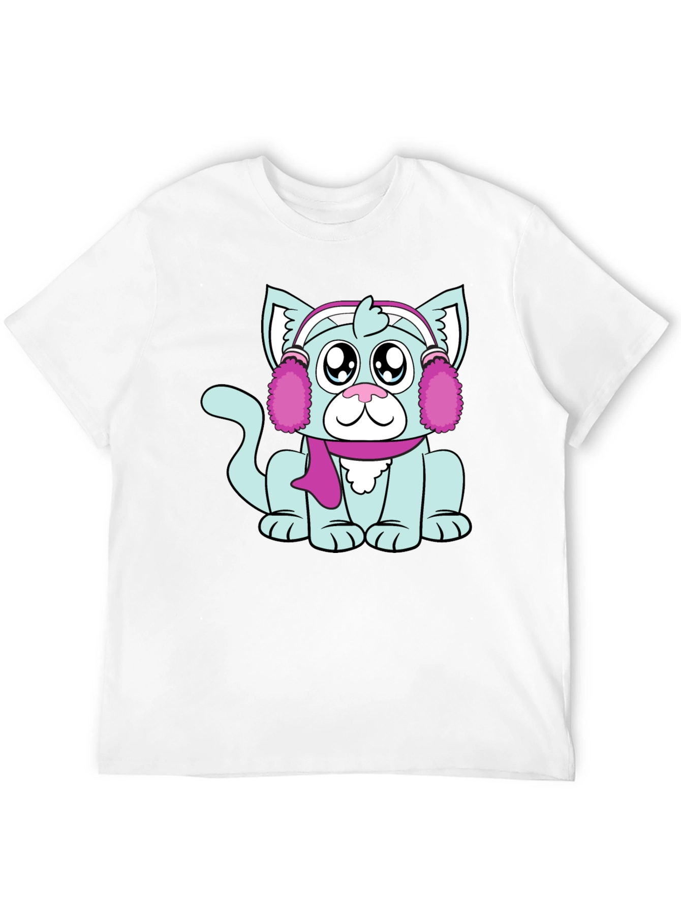 Cartoon Cat with Earmuffs Graphic T-Shirt