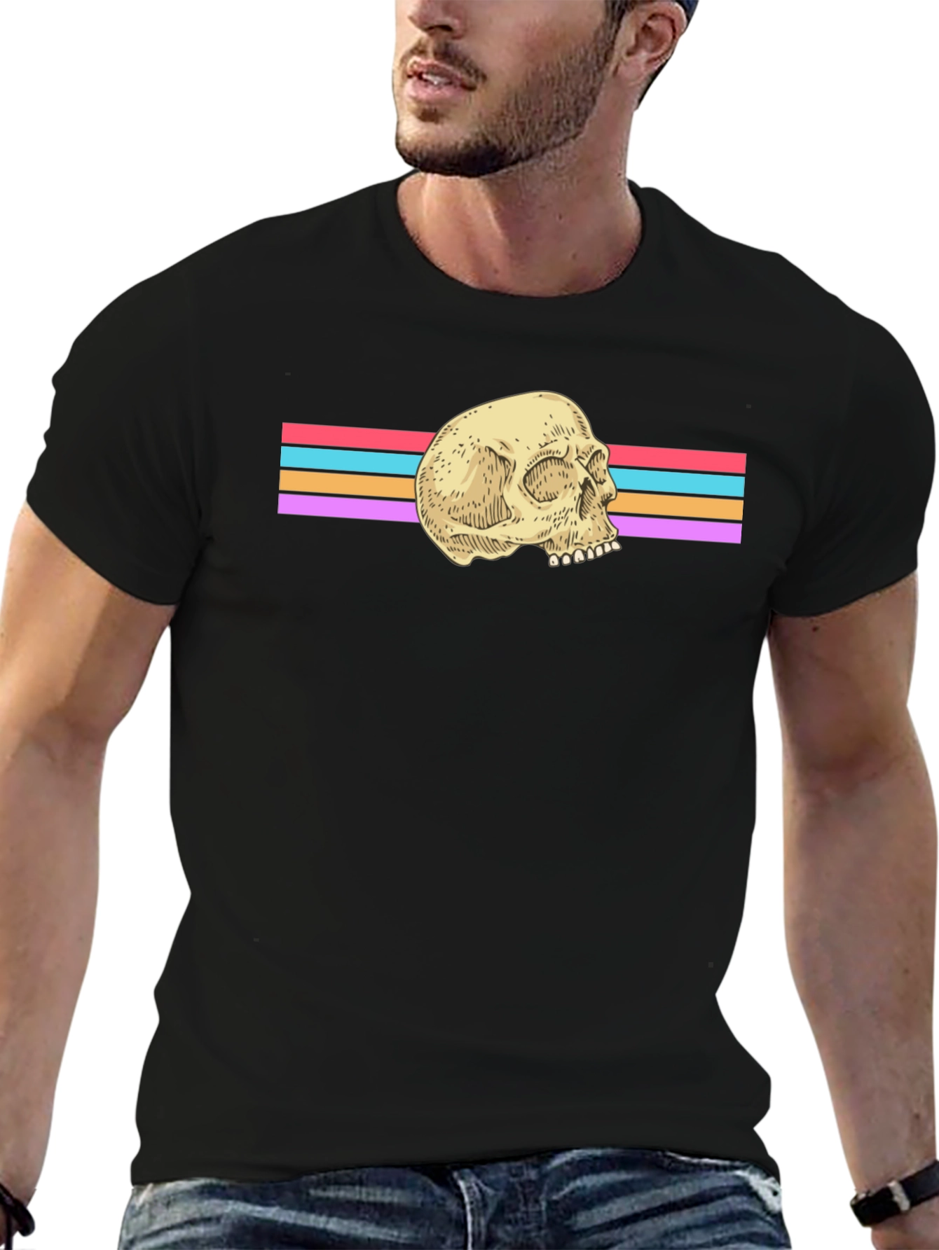 Retro Skull Graphic Tee - Black Cotton Blend