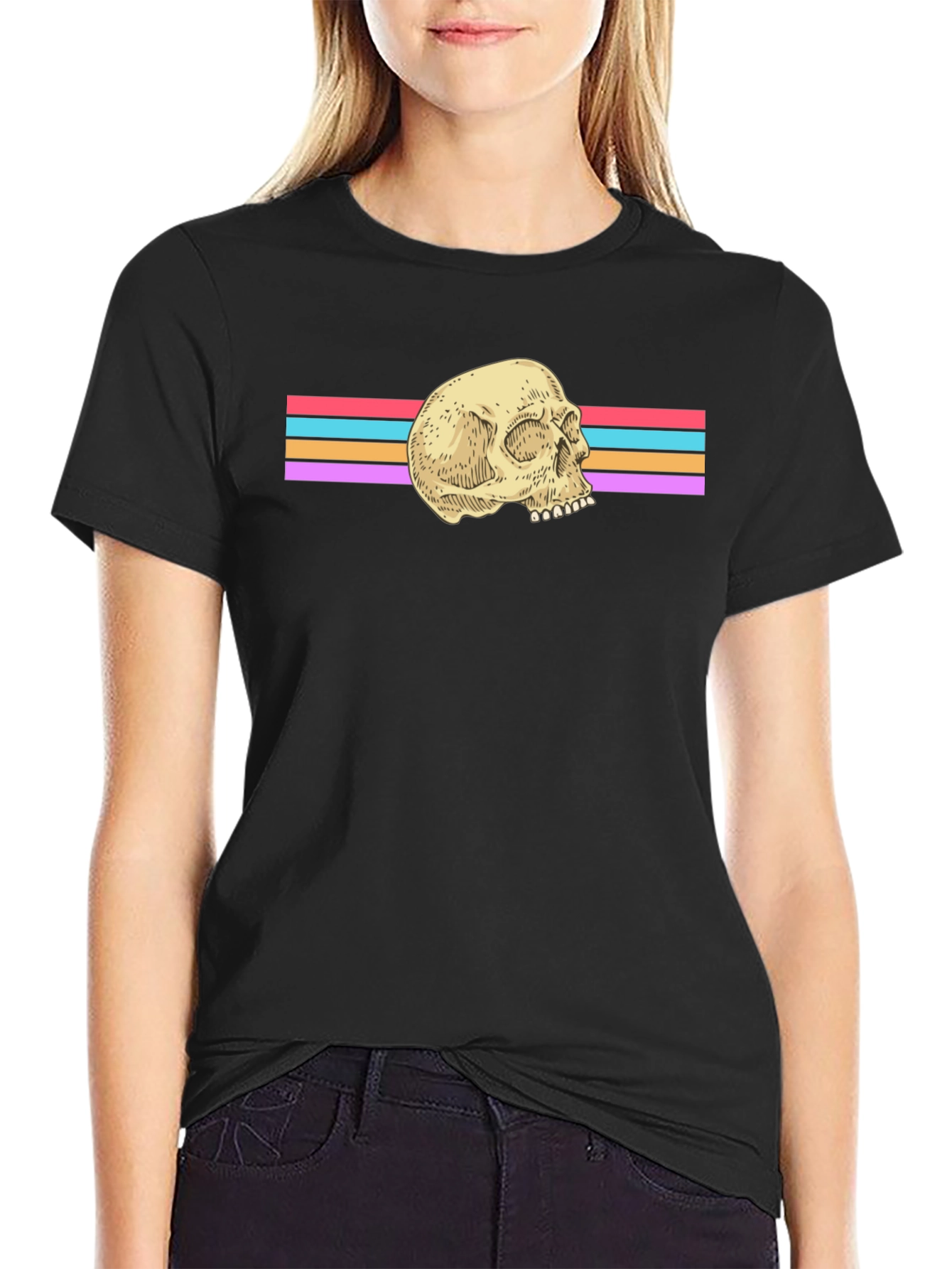Retro Skull Graphic Tee - Black Cotton Blend