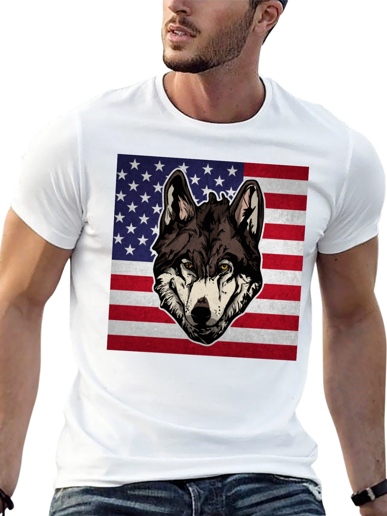 Wolf USA Flag Graphic T-Shirt - Patriotic Style