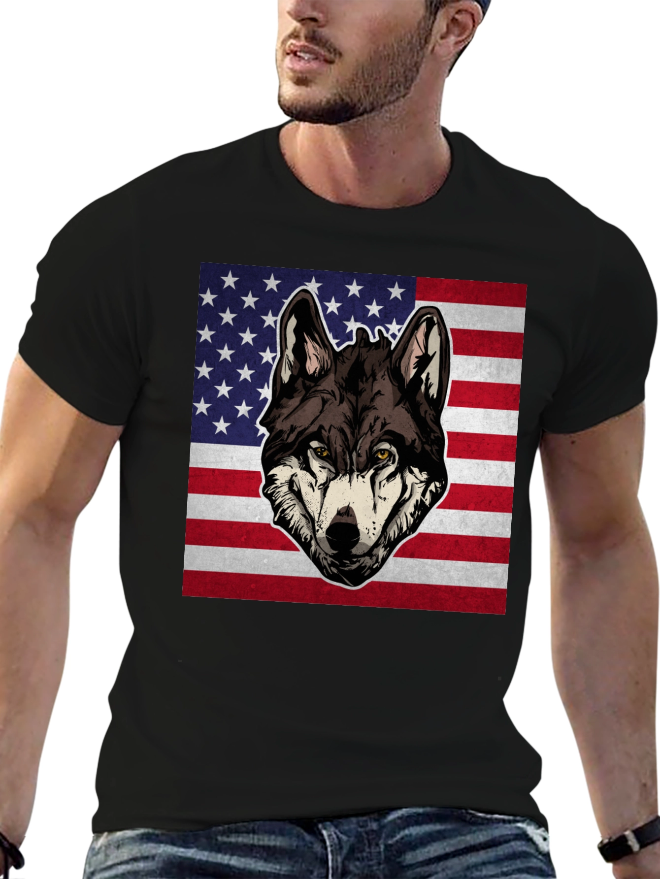 Wolf USA Flag Graphic T-Shirt - Patriotic Style