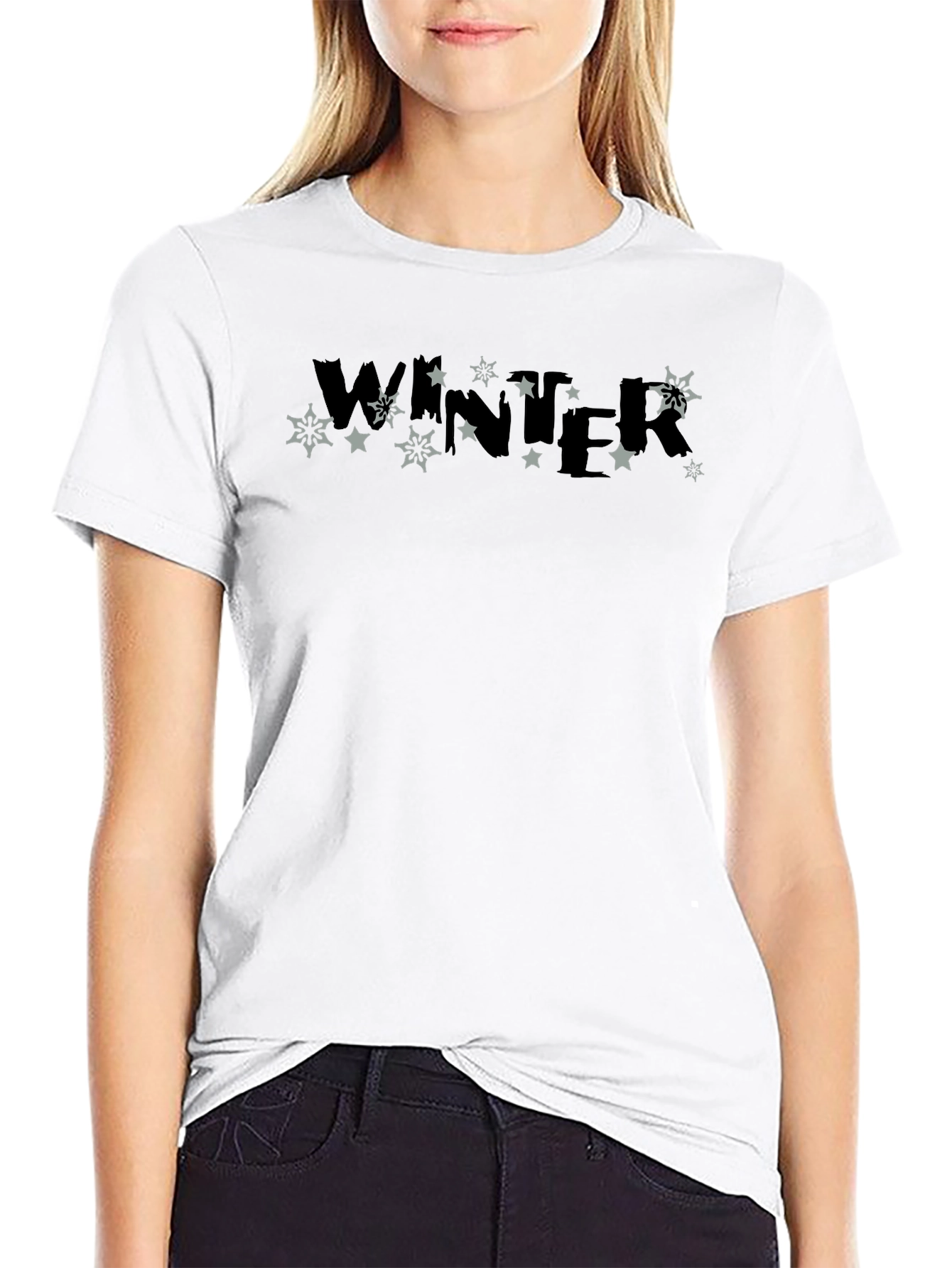 Winter Stars Graphic Print Black T-Shirt