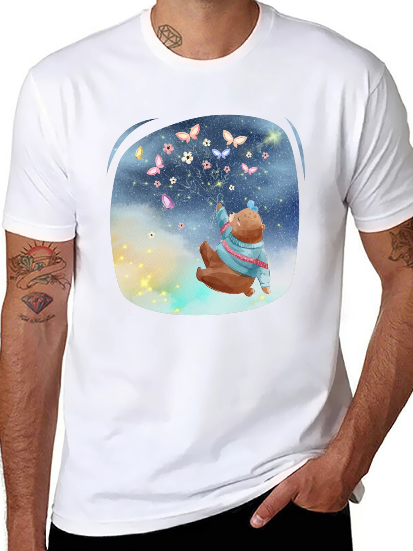 Bear Butterfly Graphic Black T-Shirt