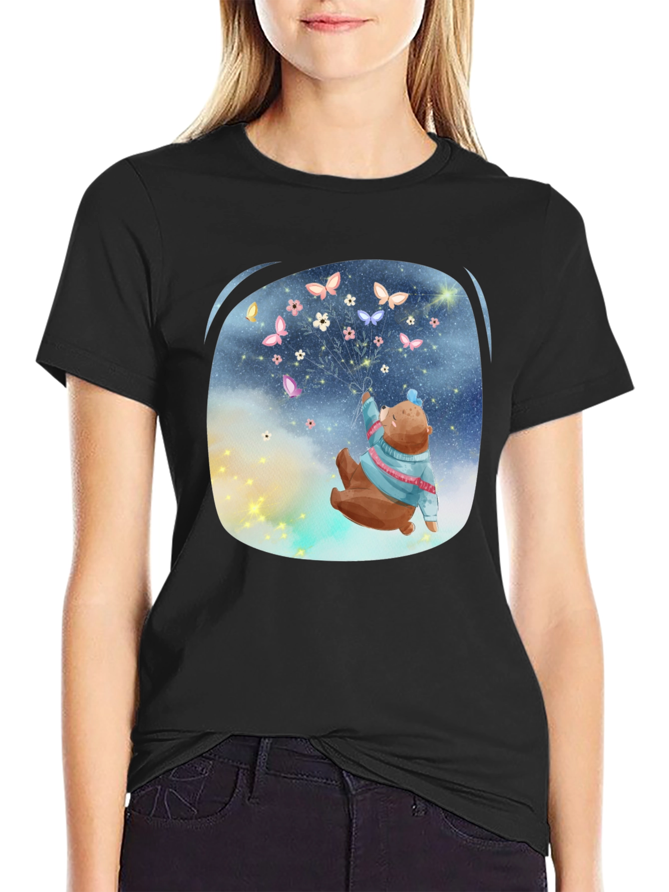 Bear Butterfly Graphic Black T-Shirt
