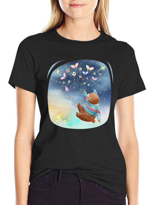 Bear Butterfly Graphic Black T-Shirt