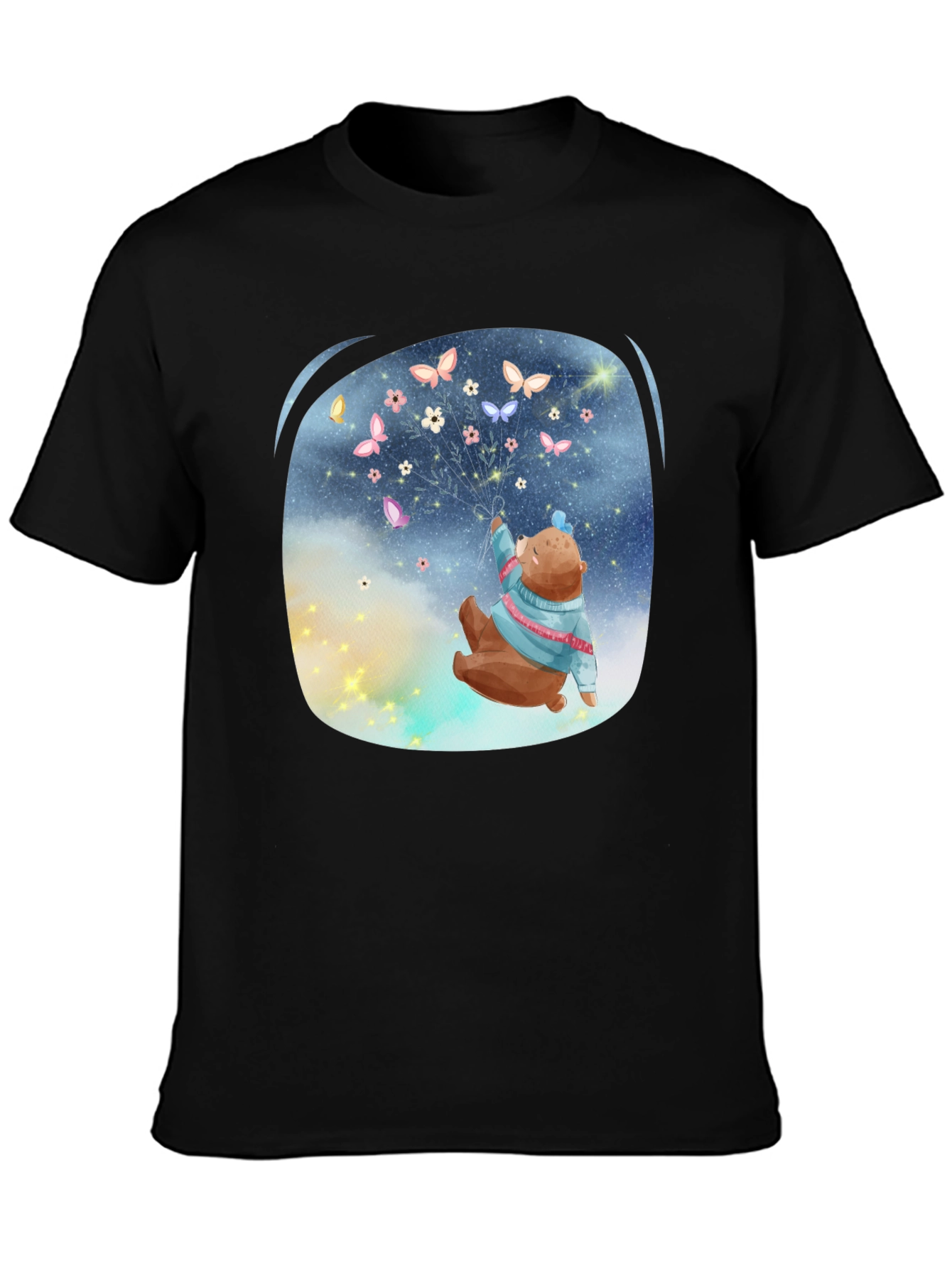 Bear Butterfly Graphic Black T-Shirt