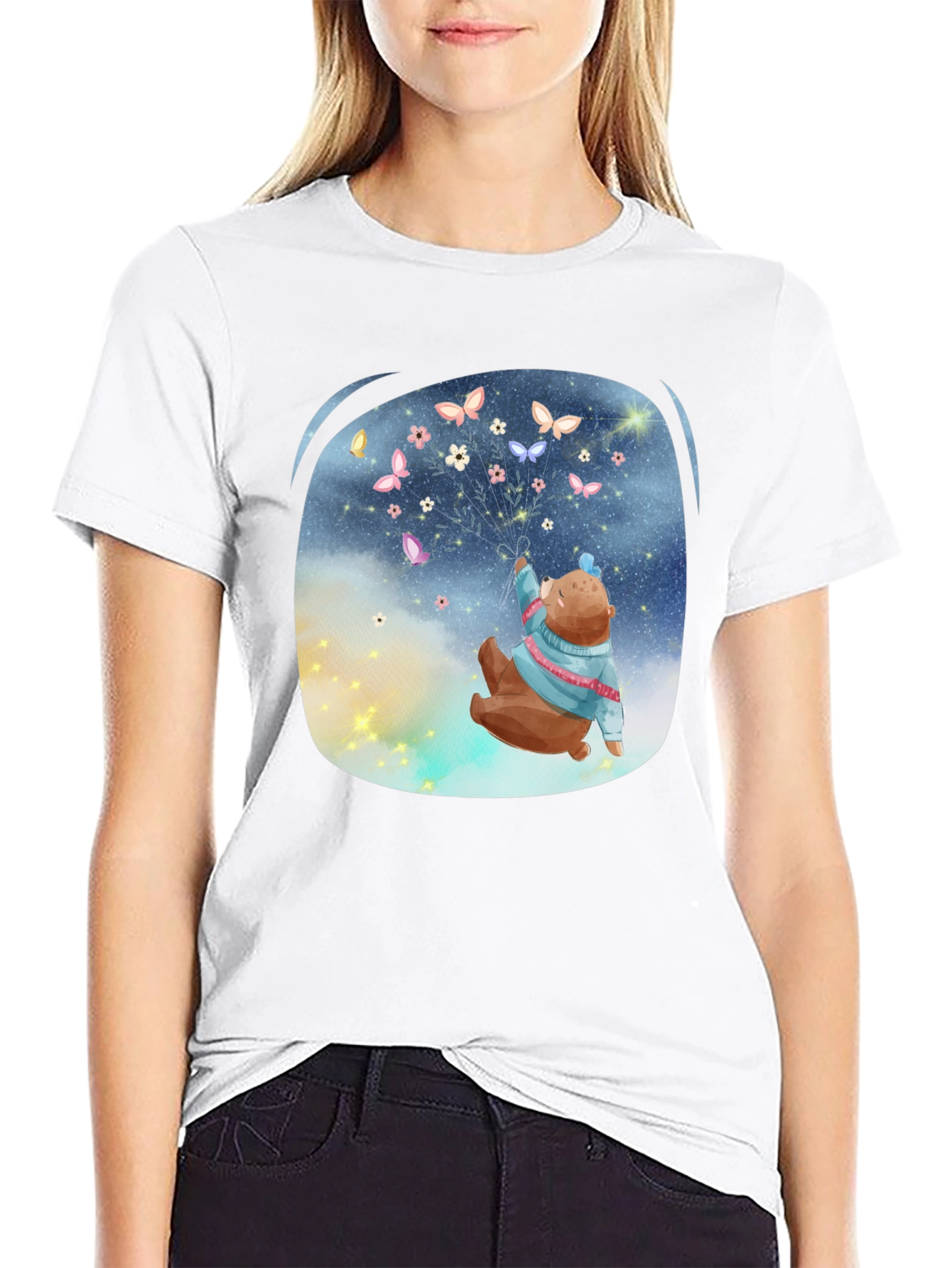 Bear Butterfly Graphic Black T-Shirt