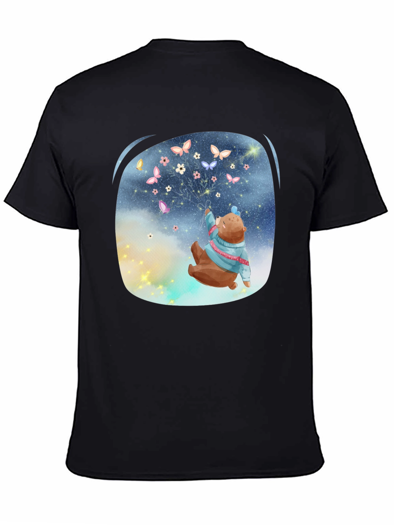 Bear Butterfly Graphic Black T-Shirt