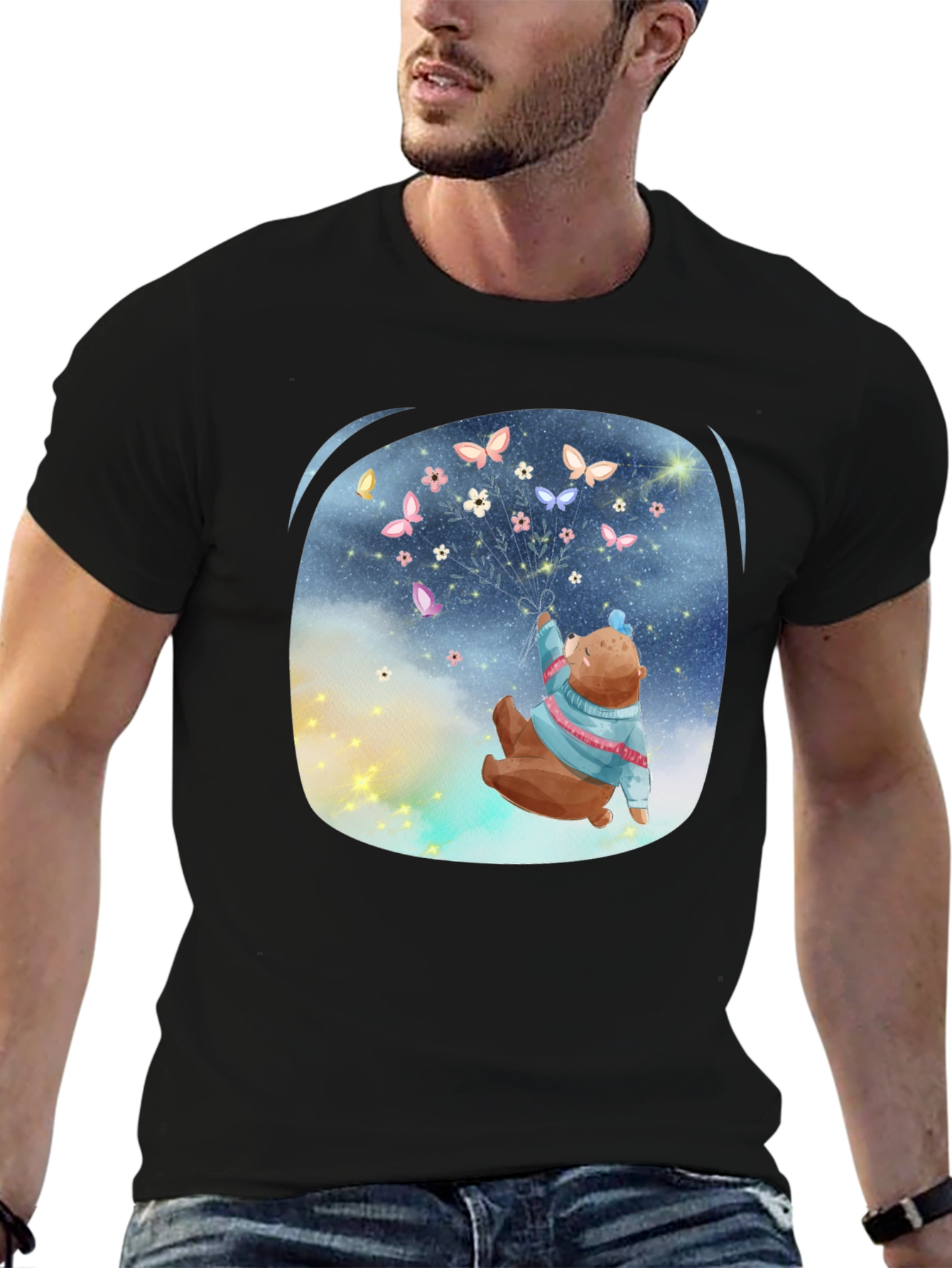 Bear Butterfly Graphic Black T-Shirt