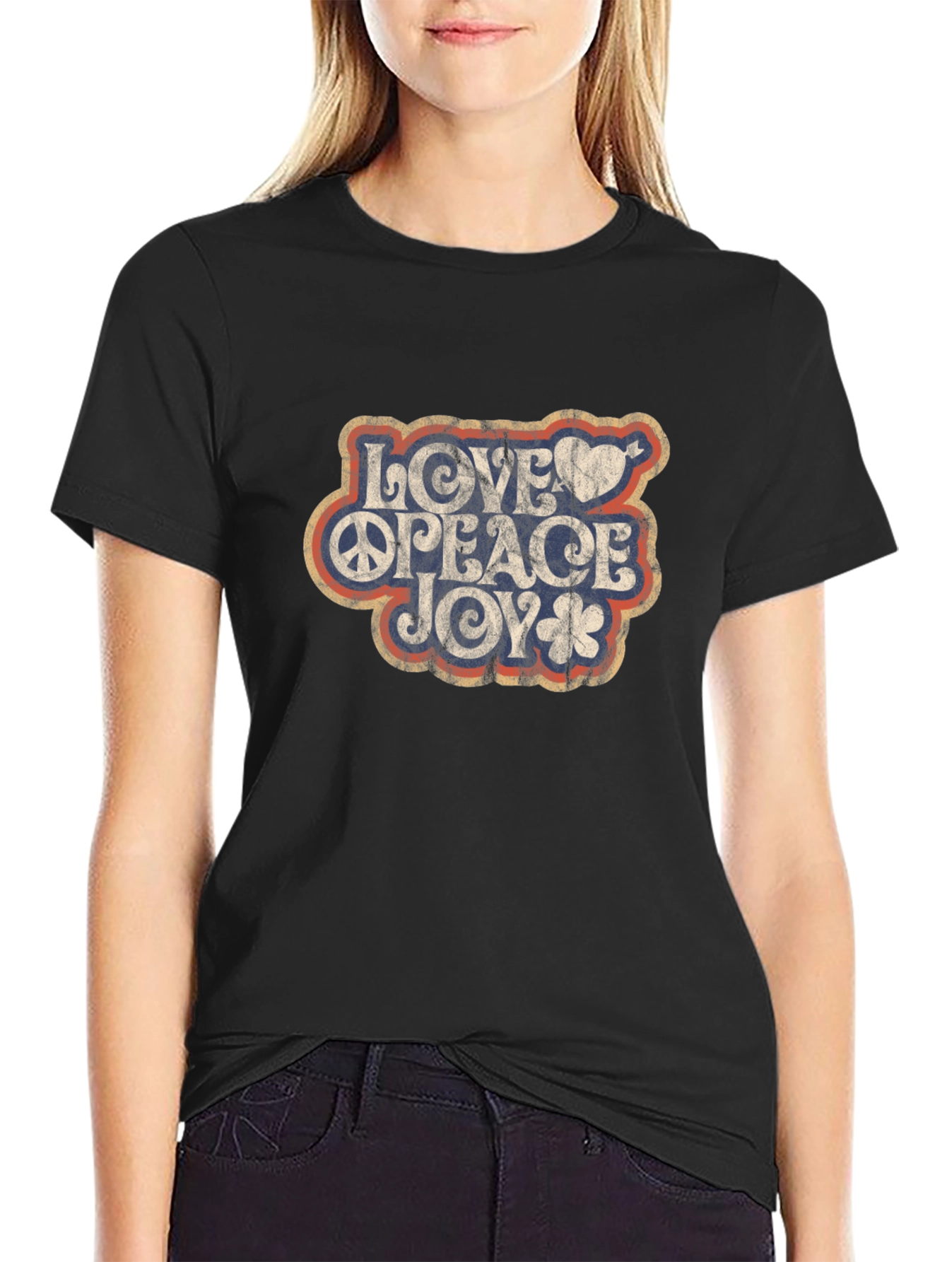 Love Peace Joy Retro Graphic T-Shirt - Black