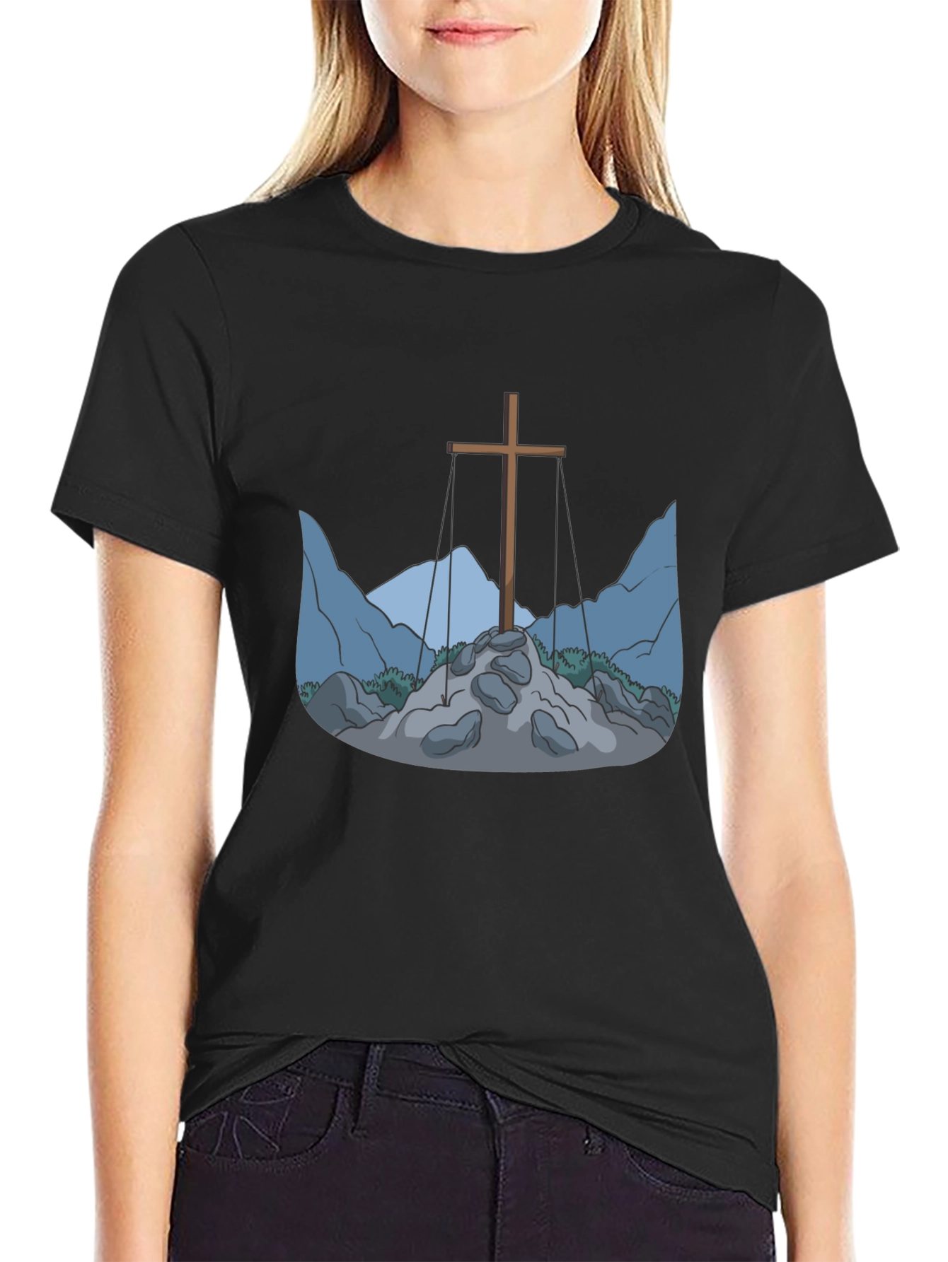 Cross and Mountain Graphic Tee - Black
