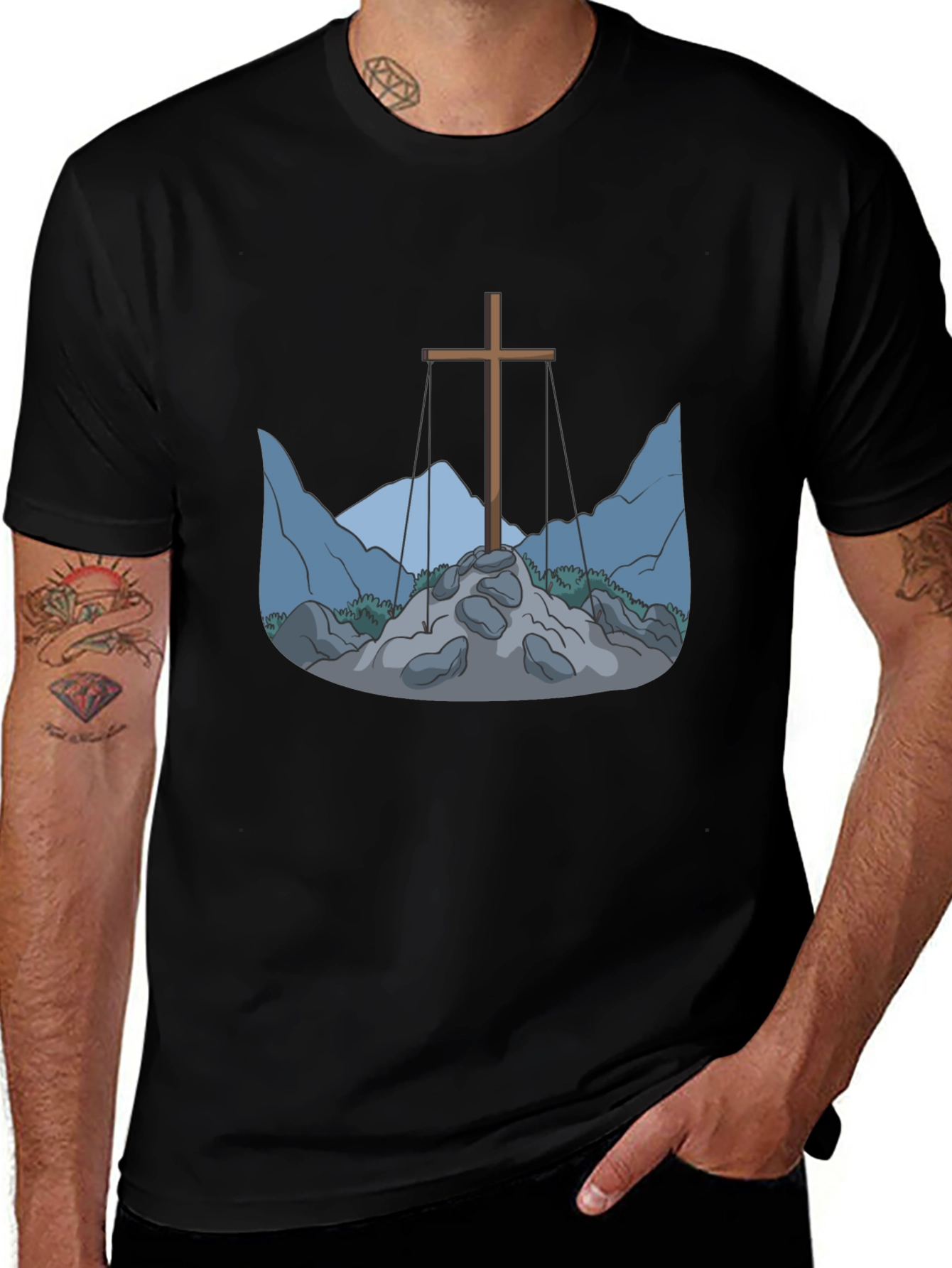 Cross and Mountain Graphic Tee - Black