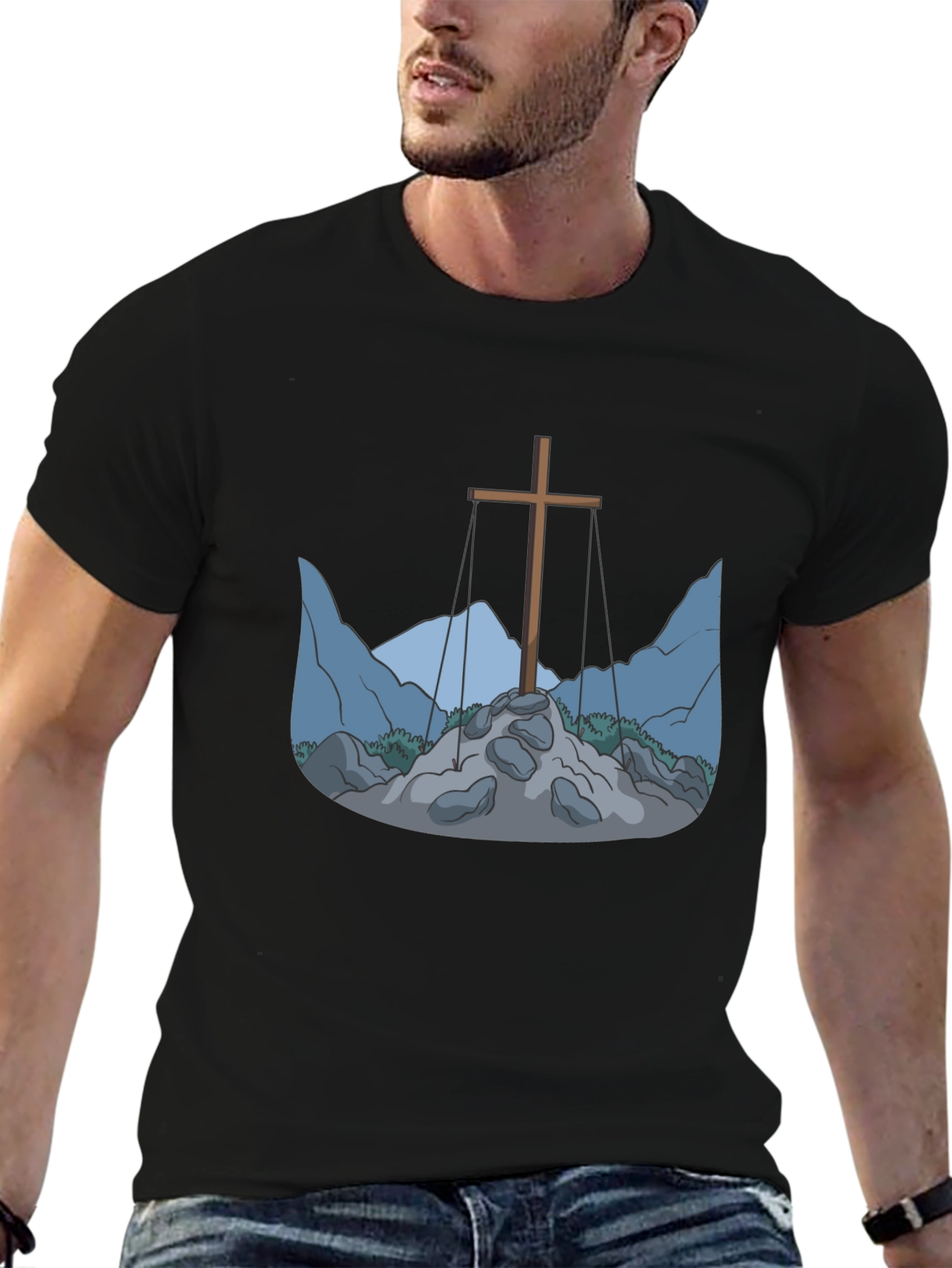 Cross and Mountain Graphic Tee - Black