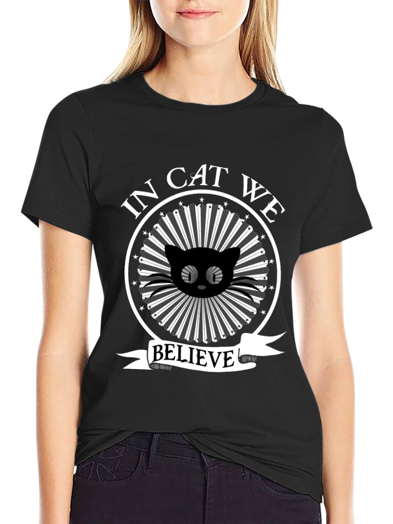 In Cat We Believe Black Graphic Tee
