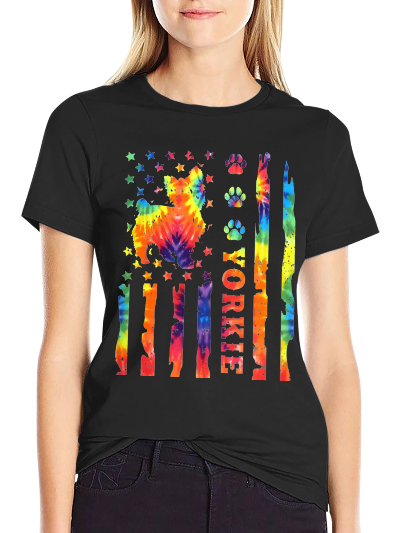 Yorkie Dog Tie-Dye American Flag T-Shirt