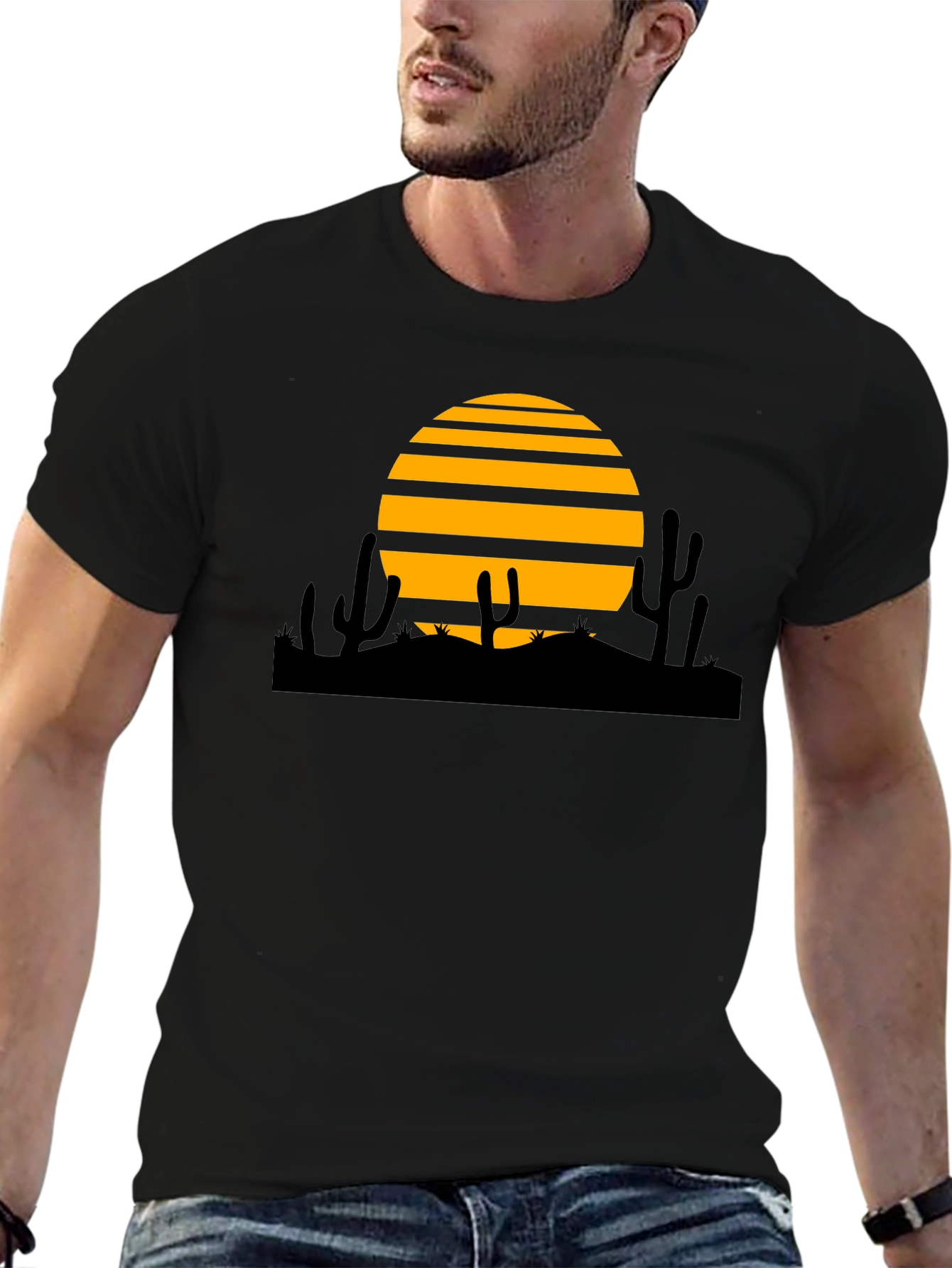 Desert Sunset Graphic Tee - Black Cotton T-Shirt