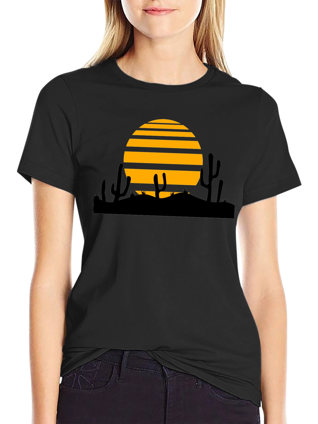 Desert Sunset Graphic Tee - Black Cotton T-Shirt