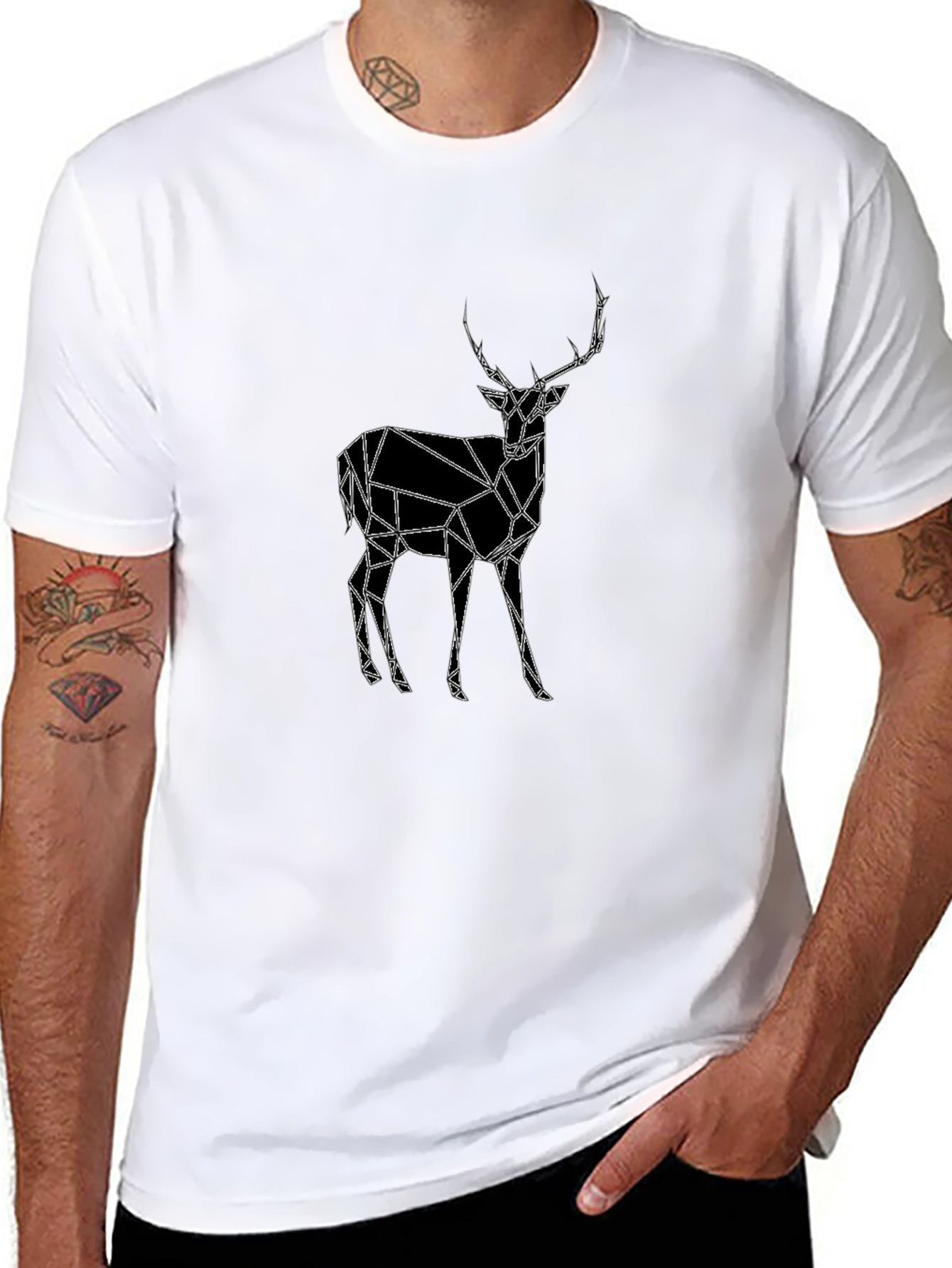 Geometric Deer Graphic Tee - Black