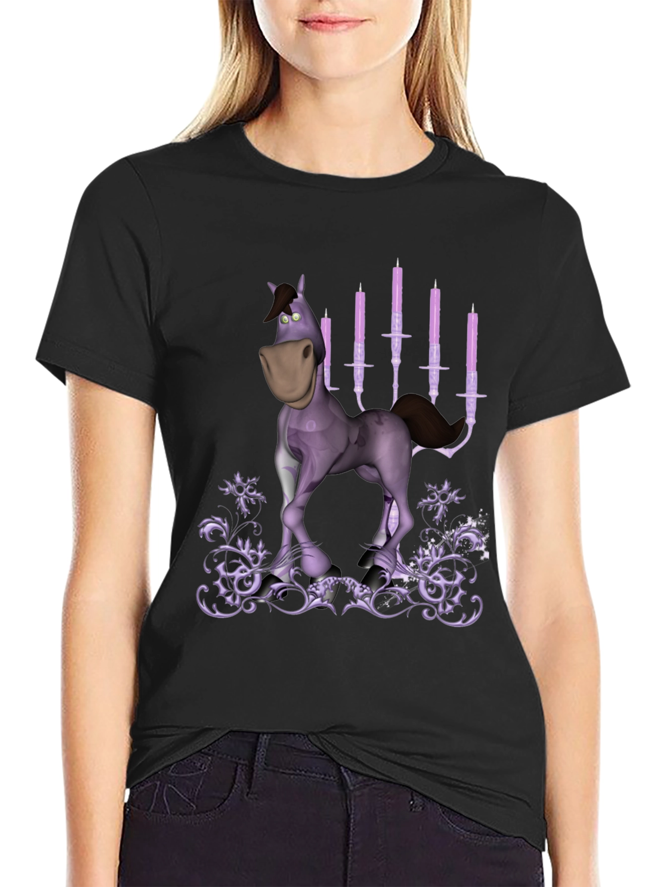 Cartoon Horse & Candles Graphic Print Black T-Shirt