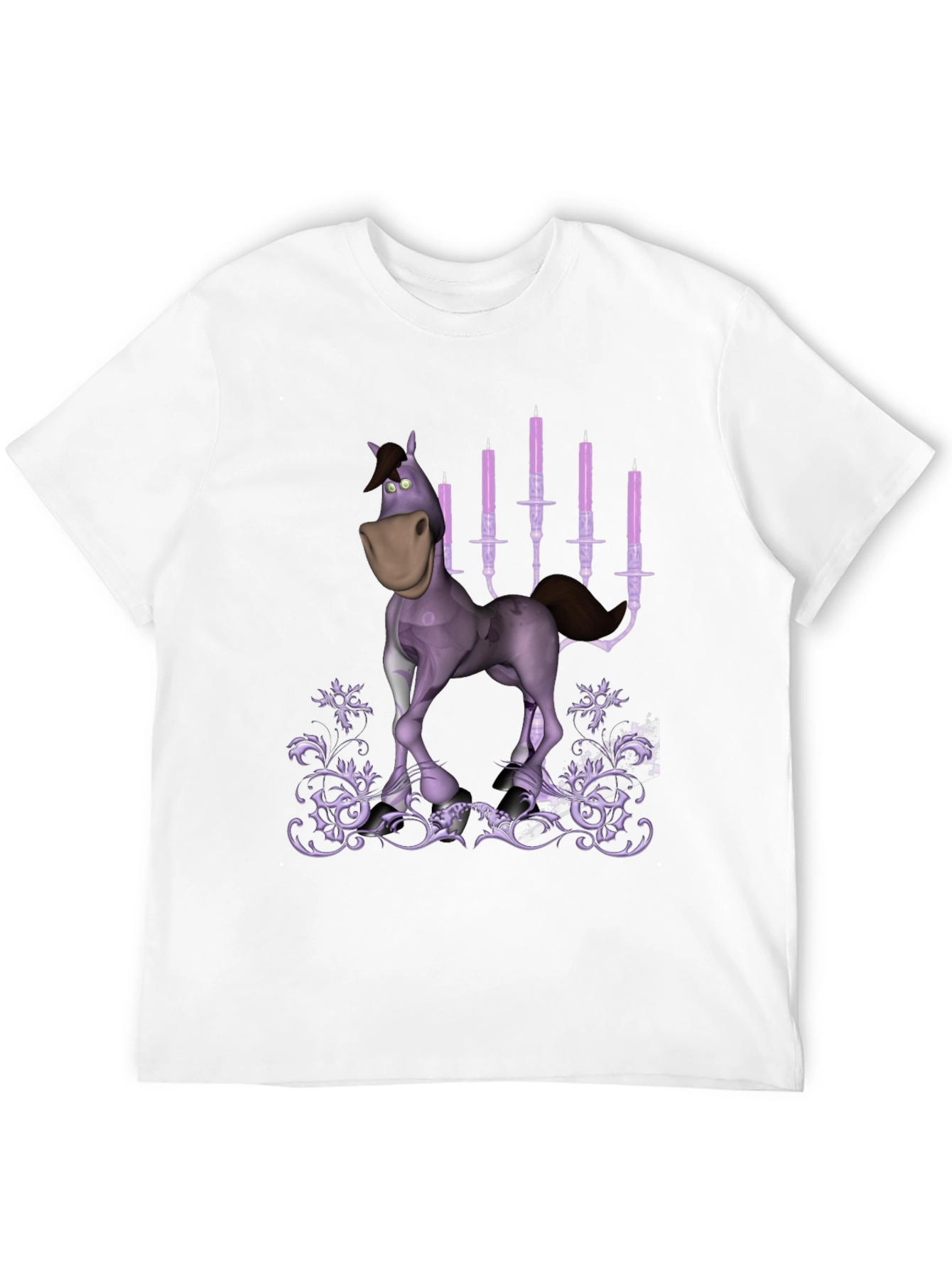 Cartoon Horse & Candles Graphic Print Black T-Shirt