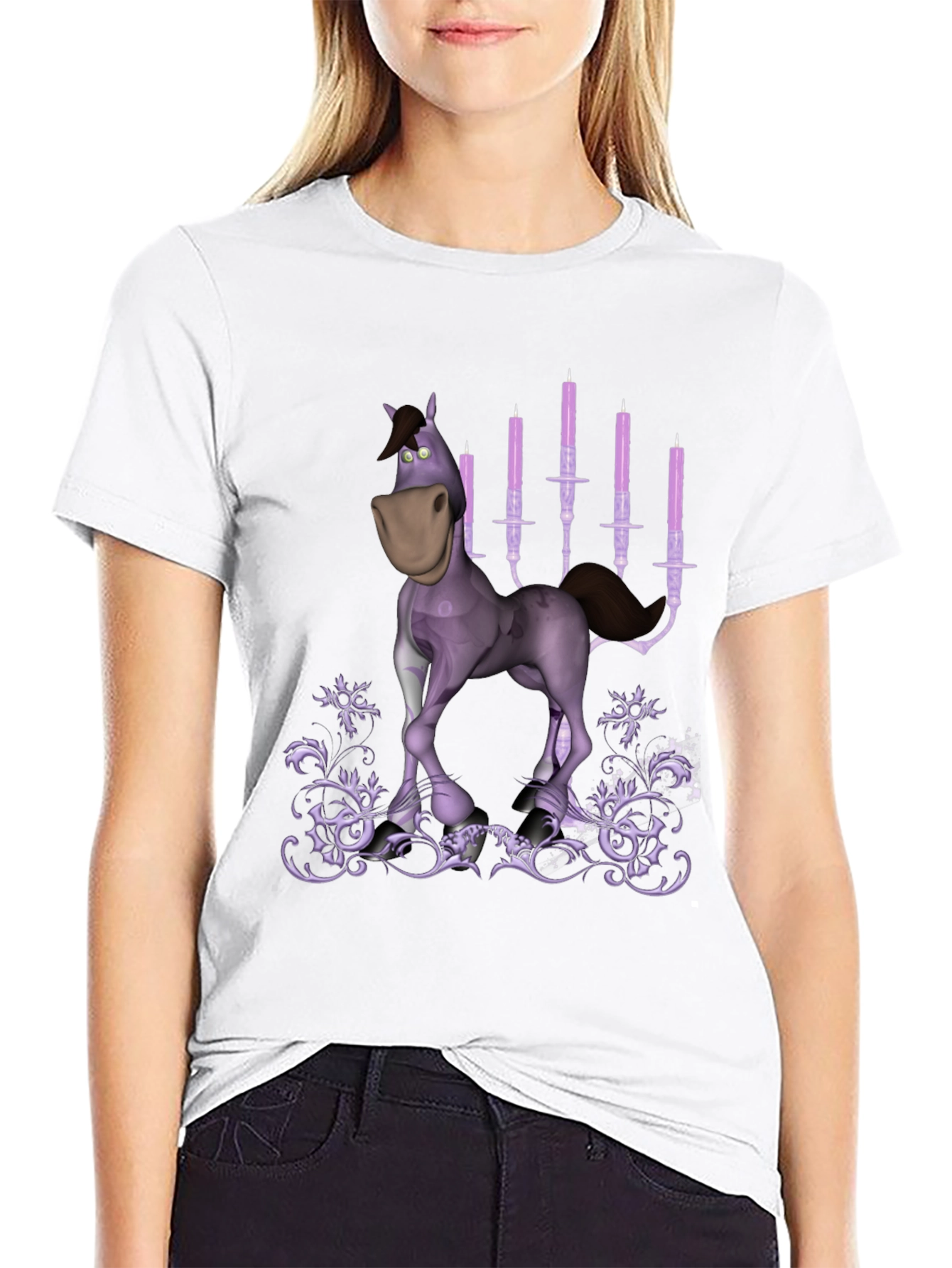 Cartoon Horse & Candles Graphic Print Black T-Shirt