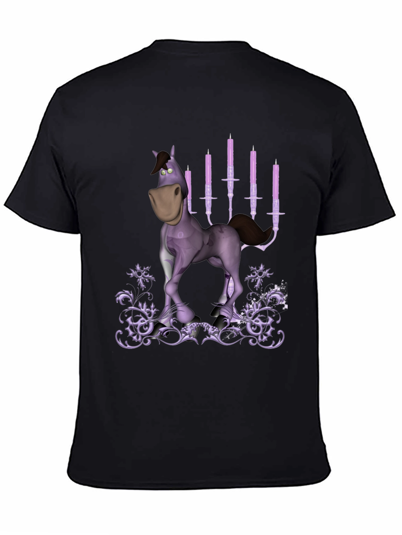 Cartoon Horse & Candles Graphic Print Black T-Shirt