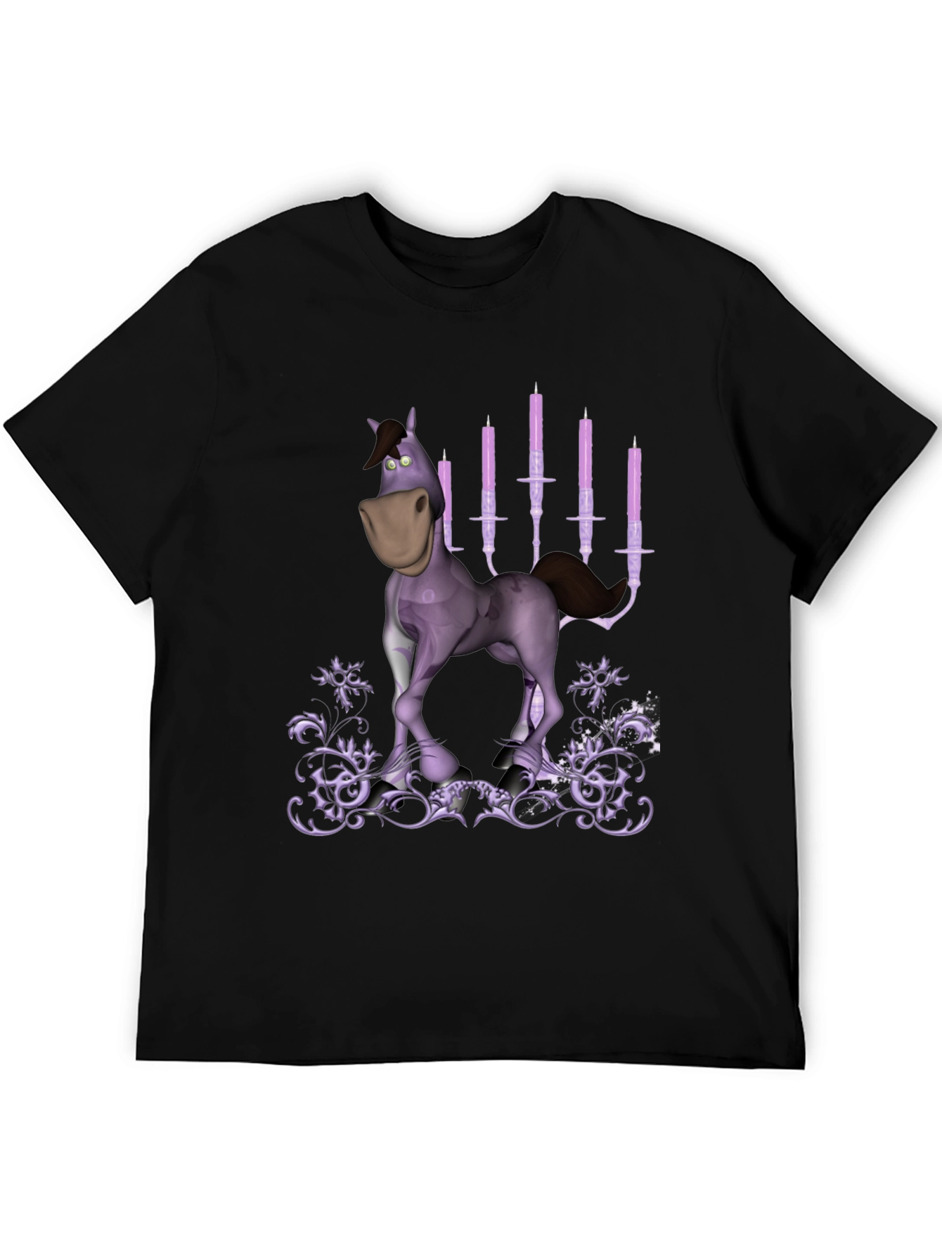 Cartoon Horse & Candles Graphic Print Black T-Shirt