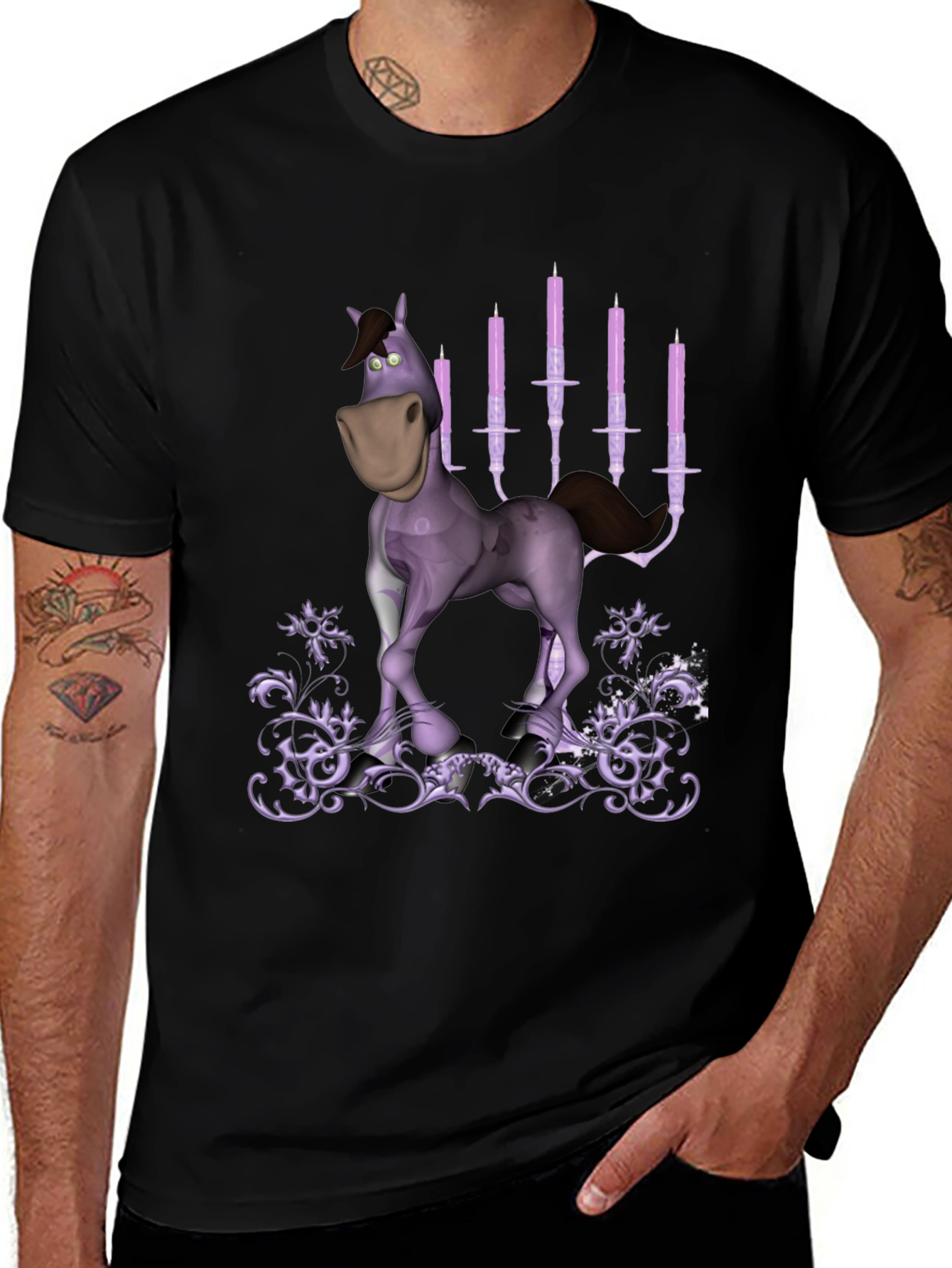 Cartoon Horse & Candles Graphic Print Black T-Shirt