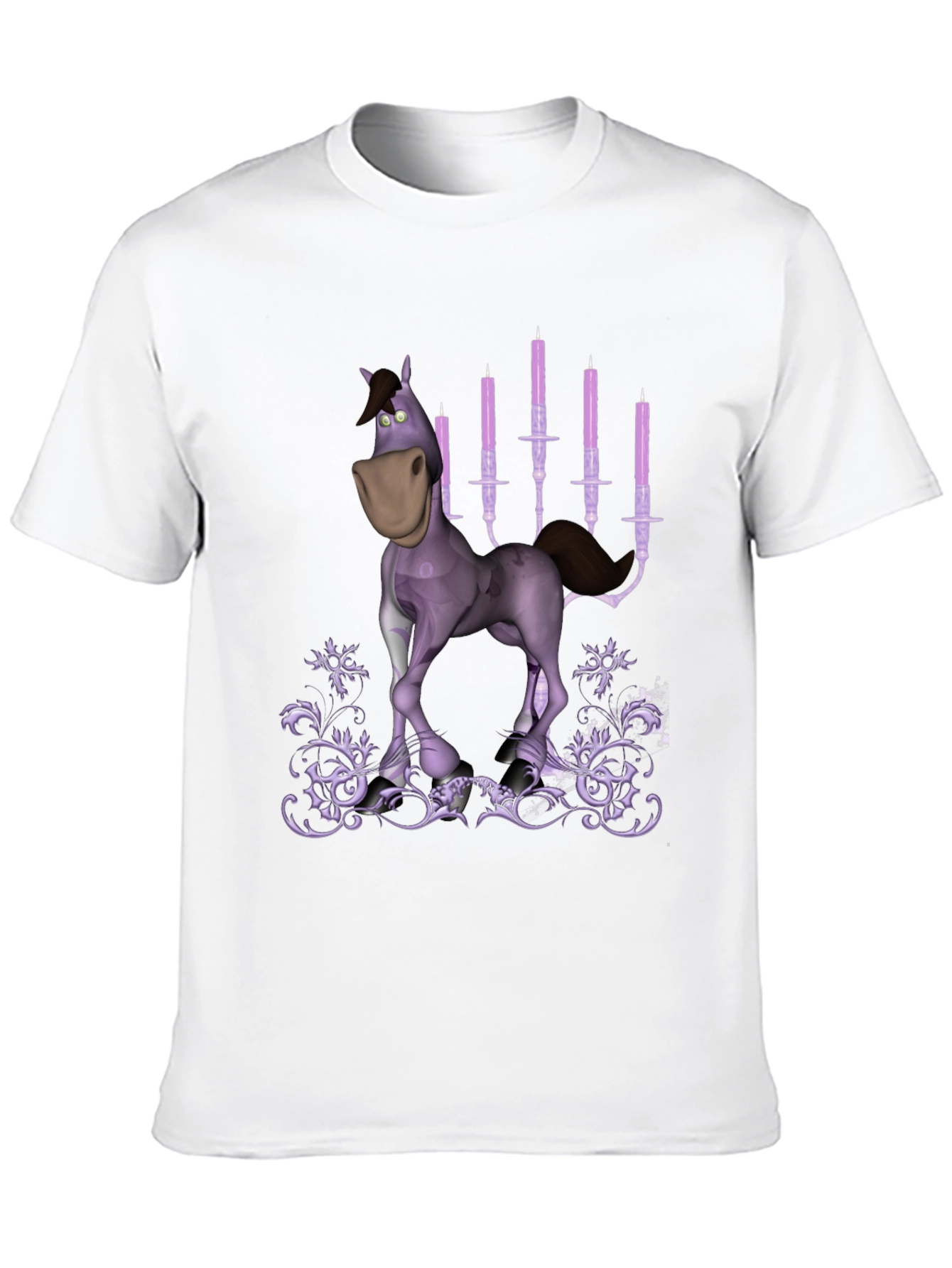 Cartoon Horse & Candles Graphic Print Black T-Shirt