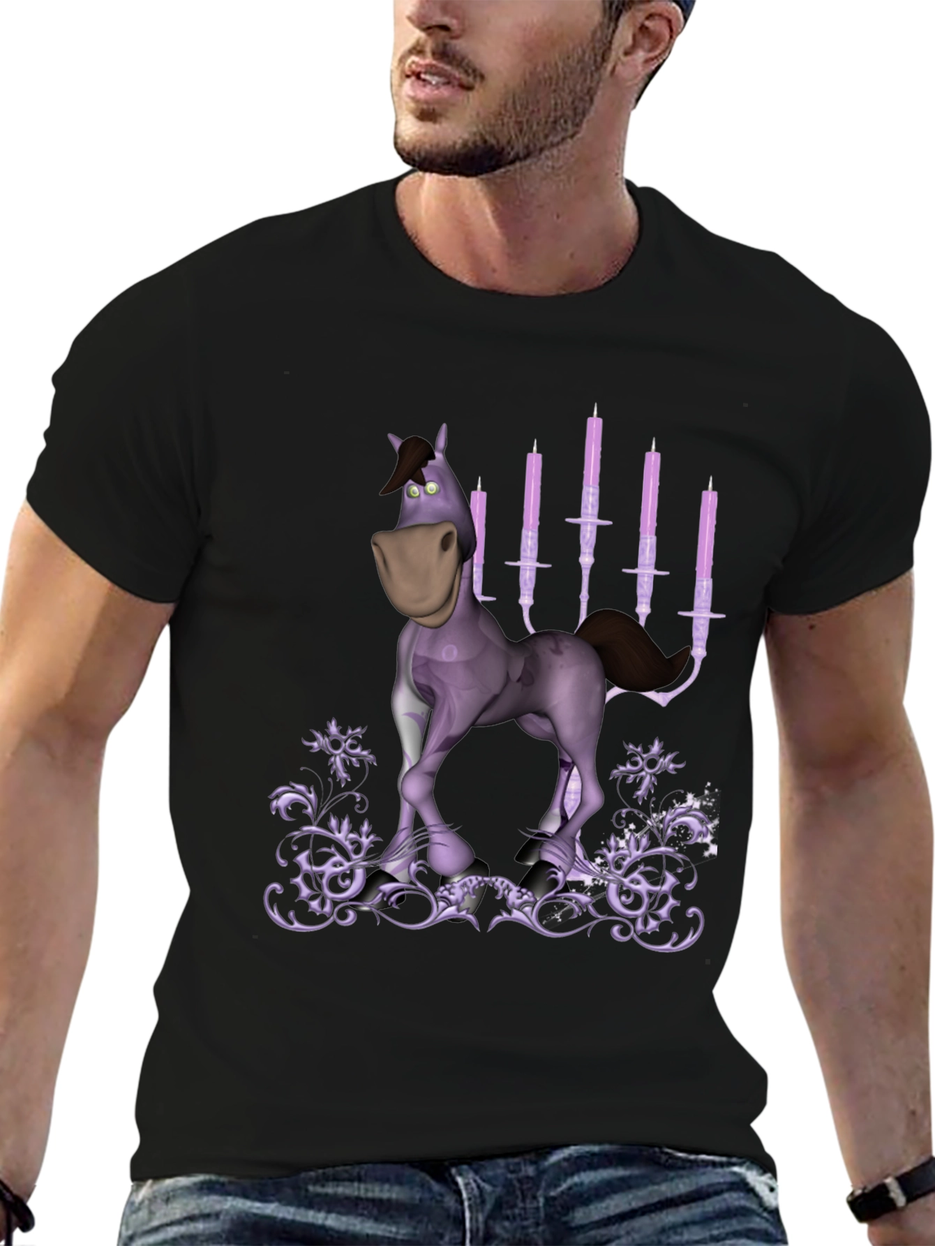Cartoon Horse & Candles Graphic Print Black T-Shirt