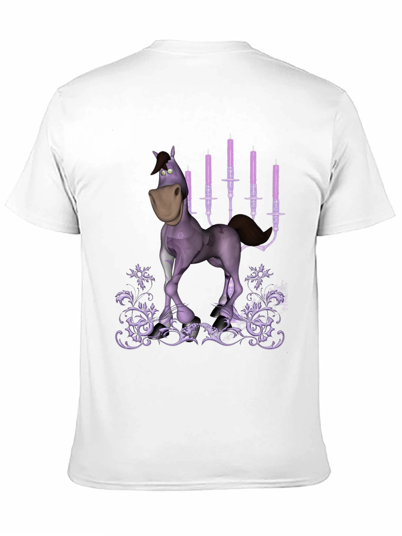 Cartoon Horse & Candles Graphic Print Black T-Shirt