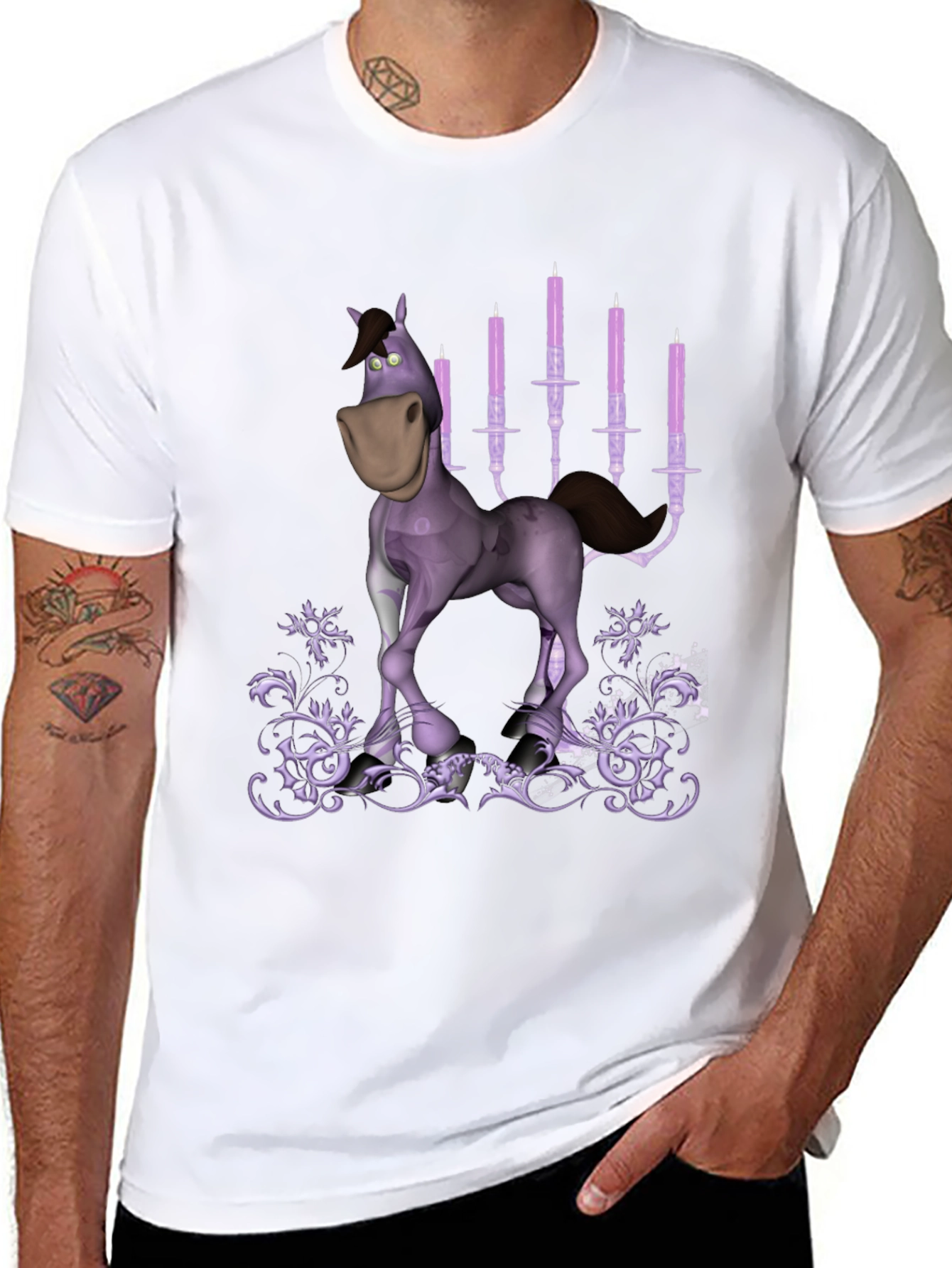 Cartoon Horse & Candles Graphic Print Black T-Shirt