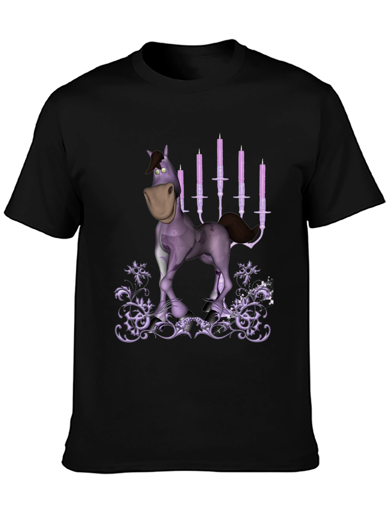 Cartoon Horse & Candles Graphic Print Black T-Shirt