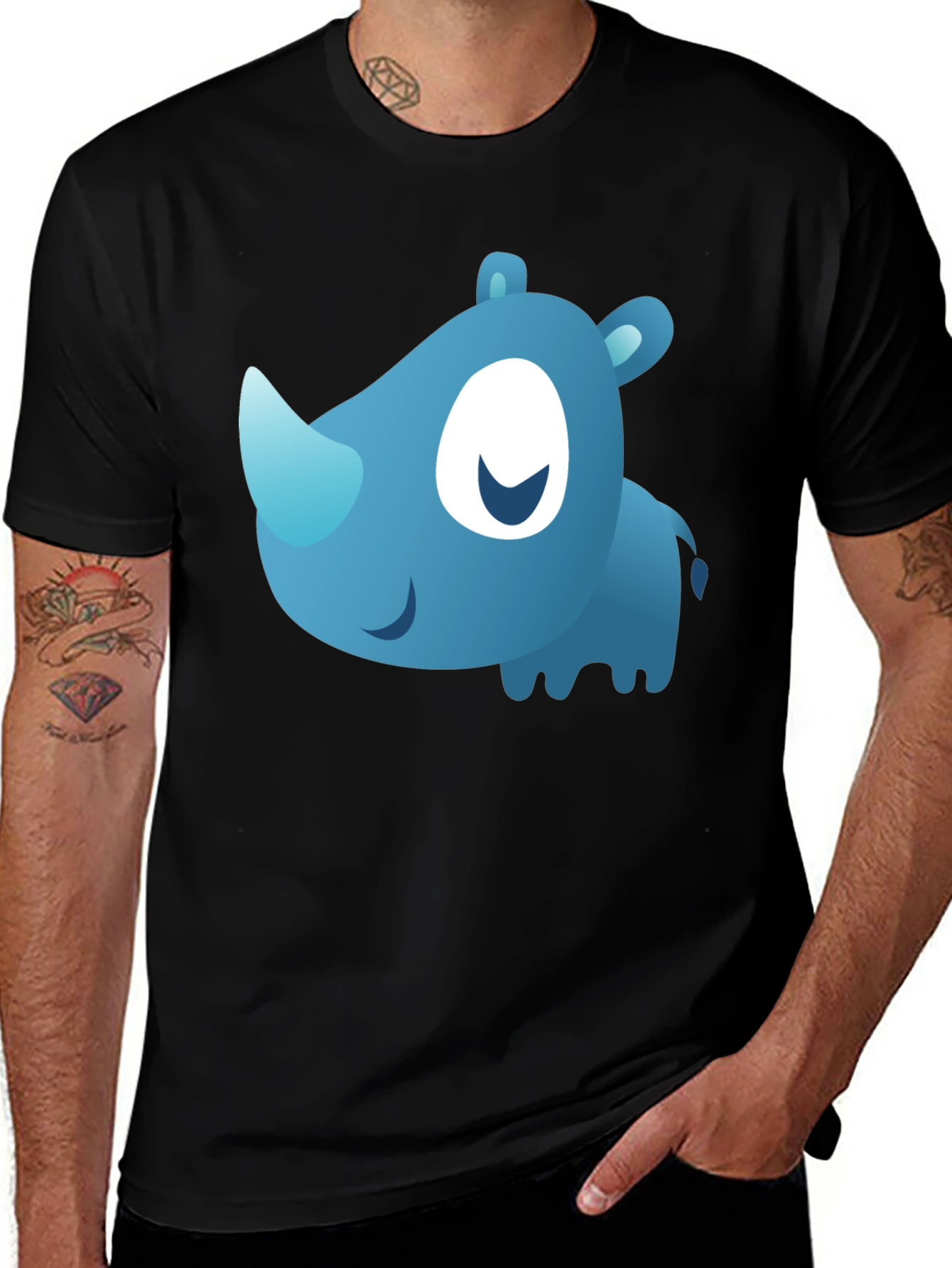 Cute Blue Cartoon Rhino Black T-Shirt