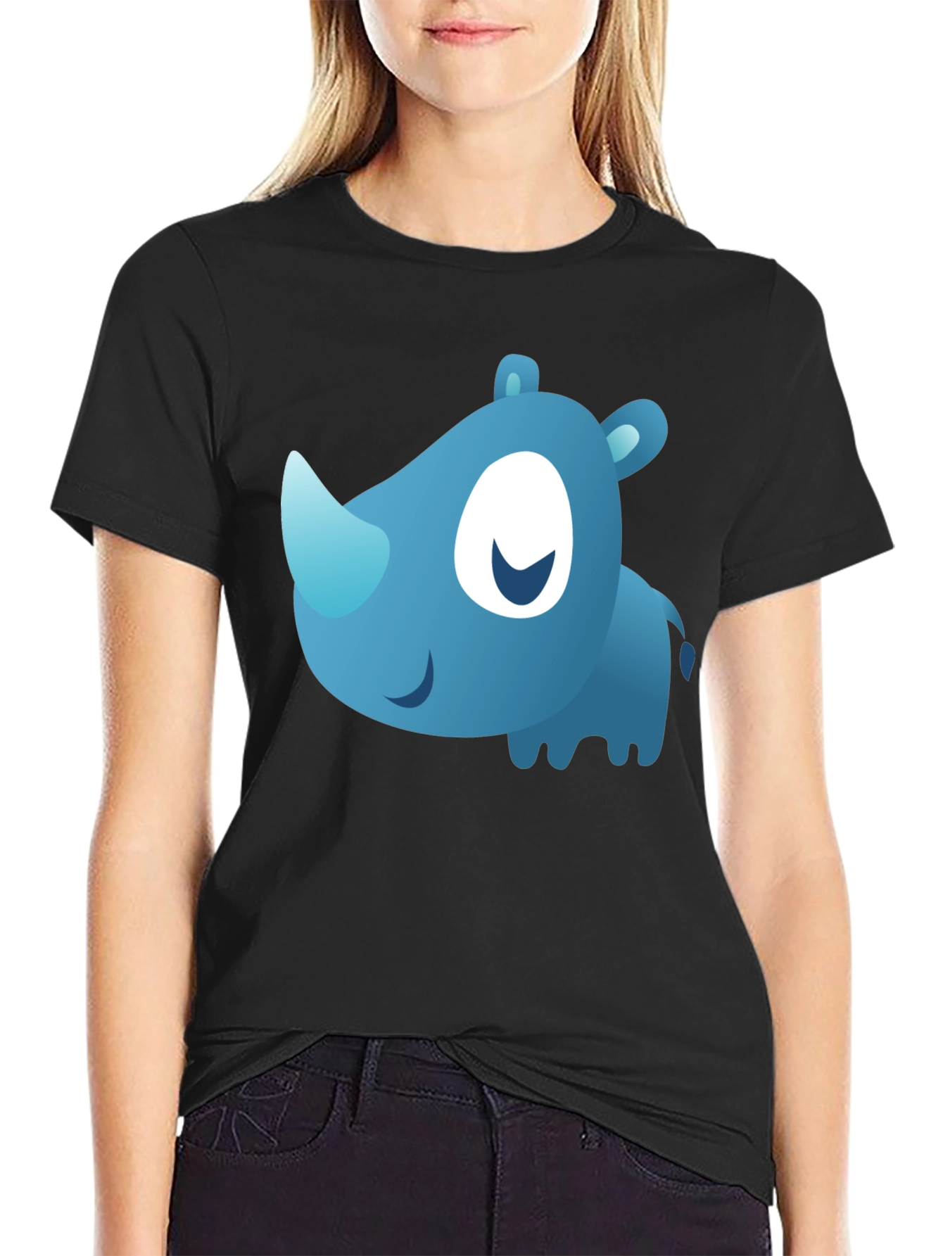 Cute Blue Cartoon Rhino Black T-Shirt