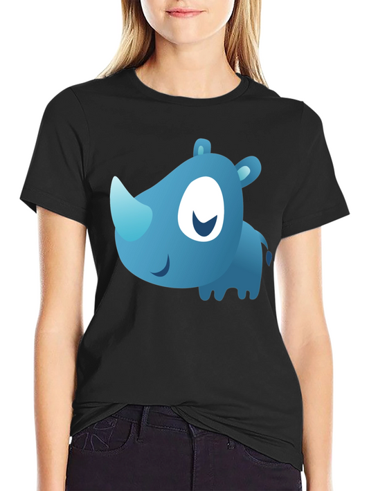 Cute Blue Cartoon Rhino Black T-Shirt