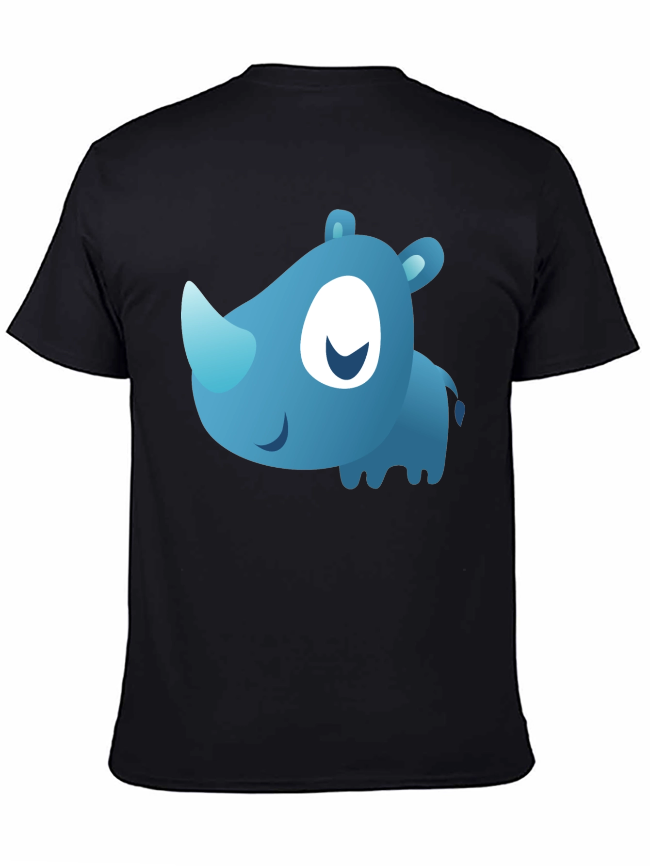 Cute Blue Cartoon Rhino Black T-Shirt